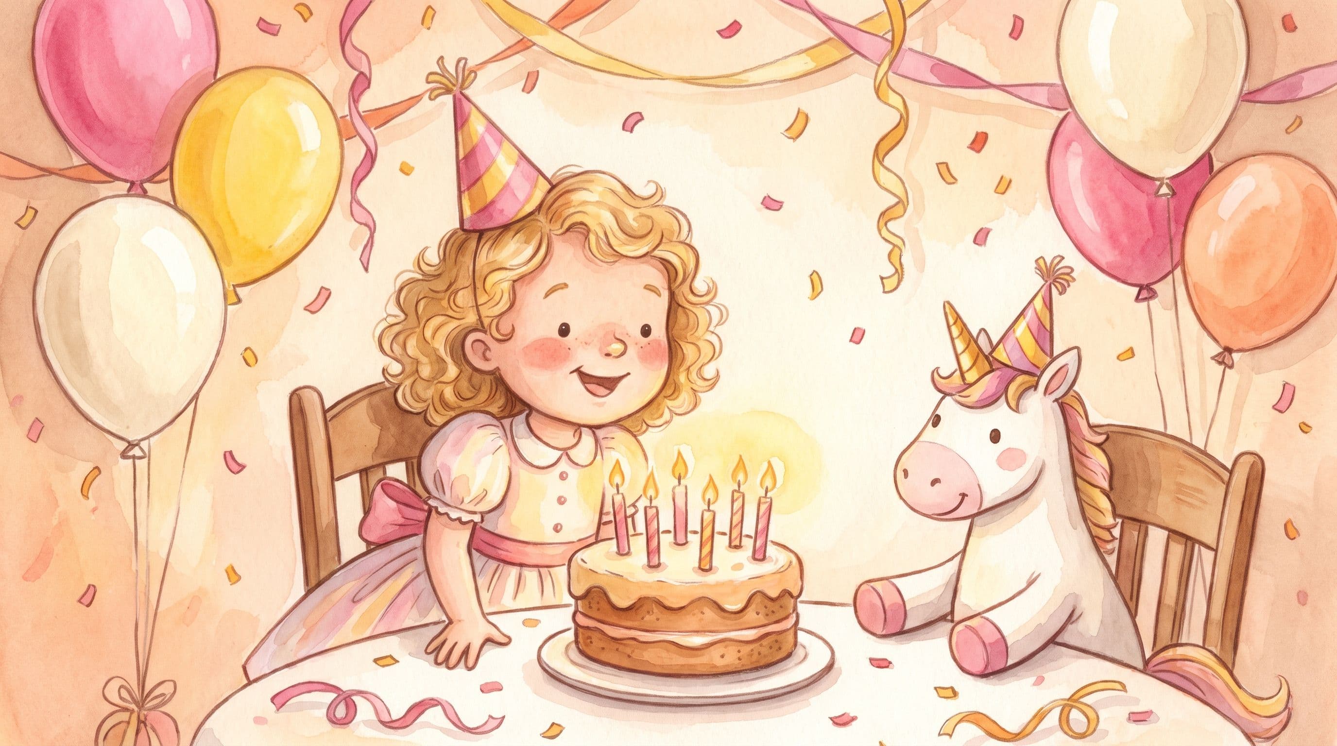 A joyful girl at her birthday party feeling big, with a candlelit cake, balloons, and a stuffed unicorn, in a warm storybook illustration