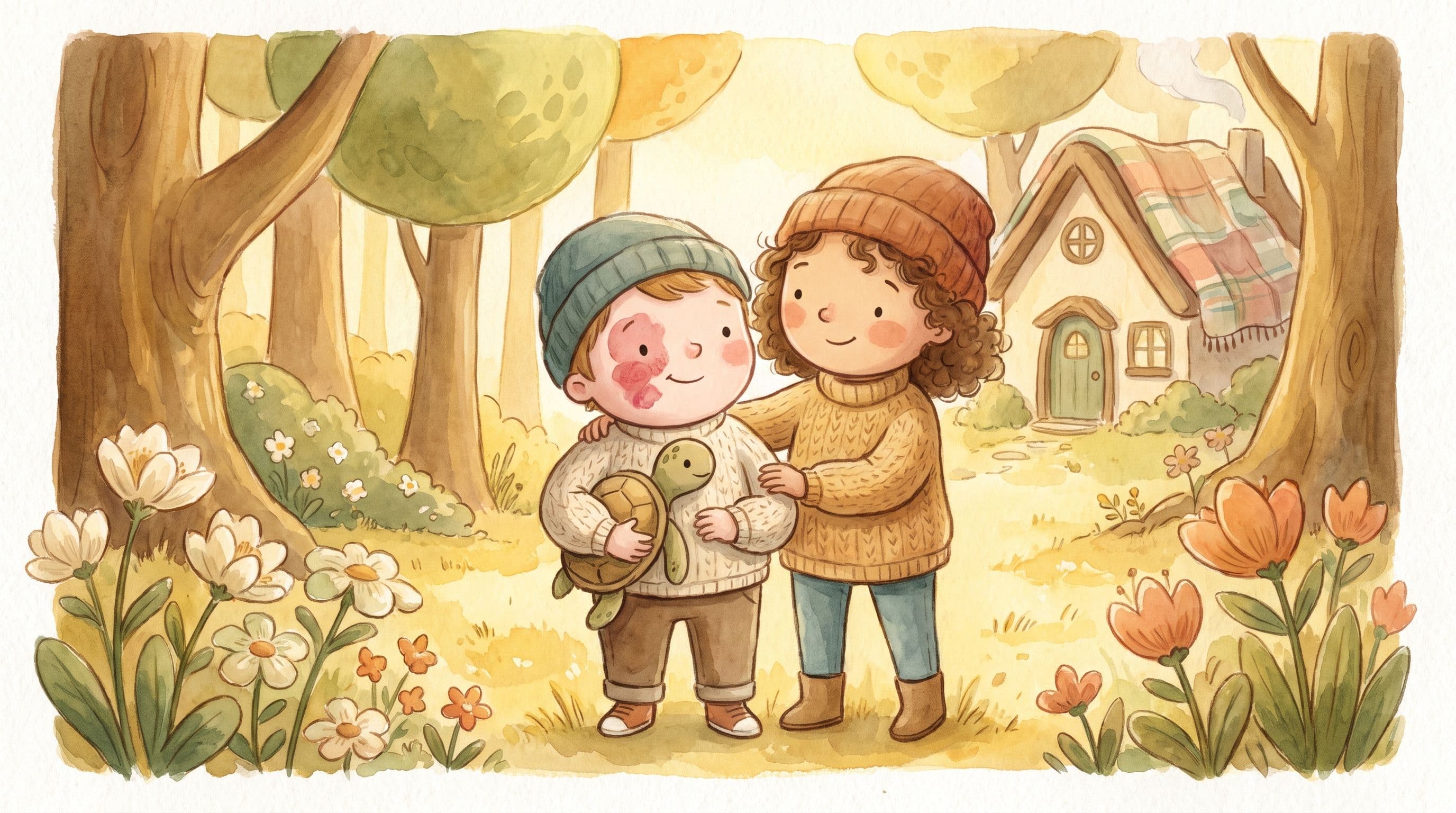 A confident proud boy with a visible birthmark standing tall with a supportive friend and a stuffed turtle, in a warm storybook illustration