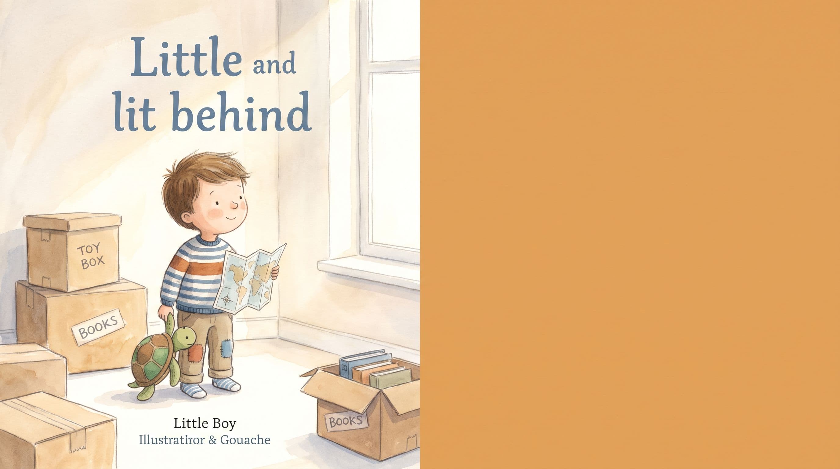 A boy among moving boxes in a new room holding a map and a stuffed turtle, hopeful about a big move, in a warm storybook illustration