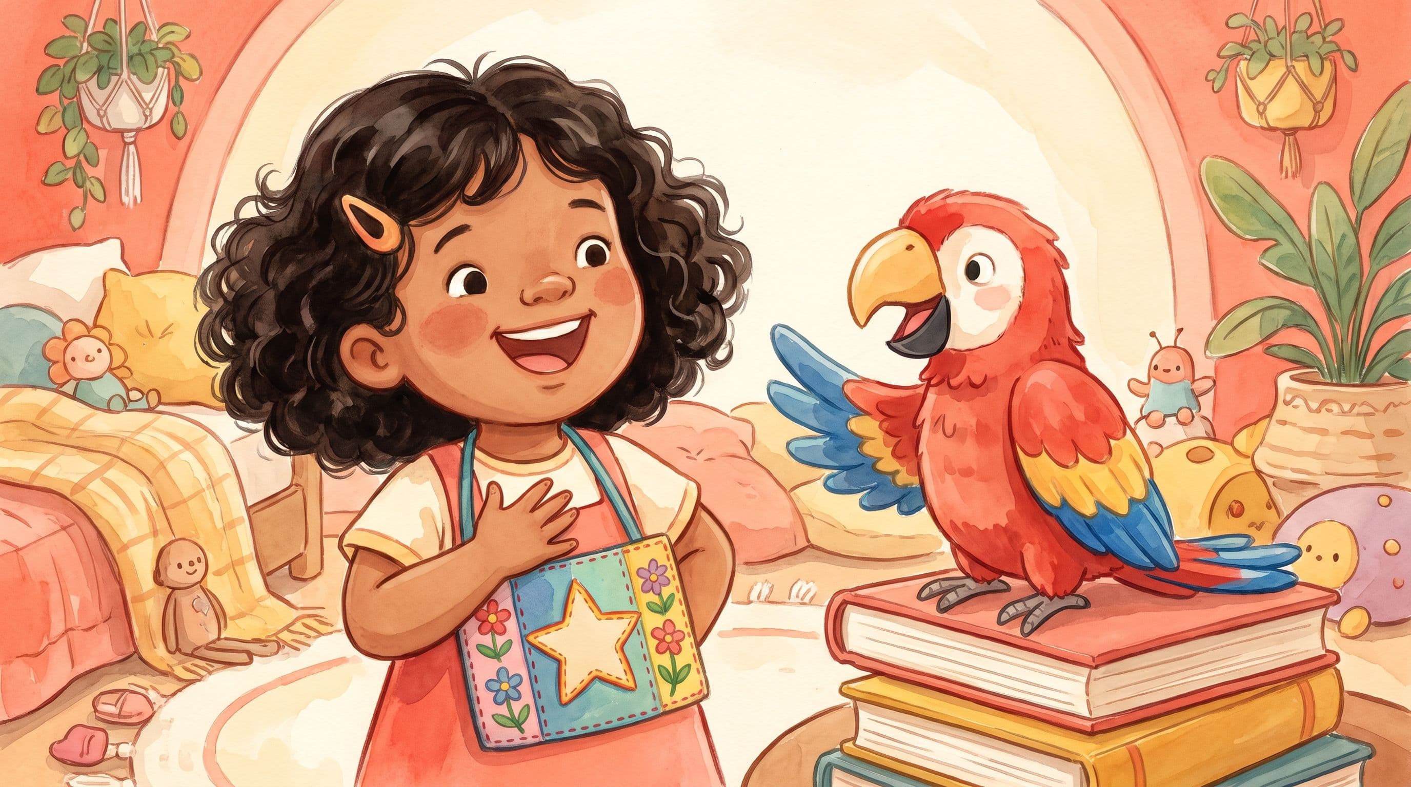 A proud girl introducing herself with a colorful name tag and a stuffed parrot, in a warm storybook illustration