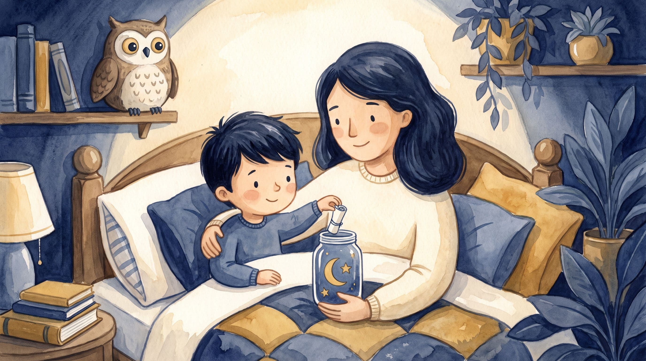 A boy placing a worry into a worry jar with a loving parent and a stuffed owl at bedtime, in a warm storybook illustration