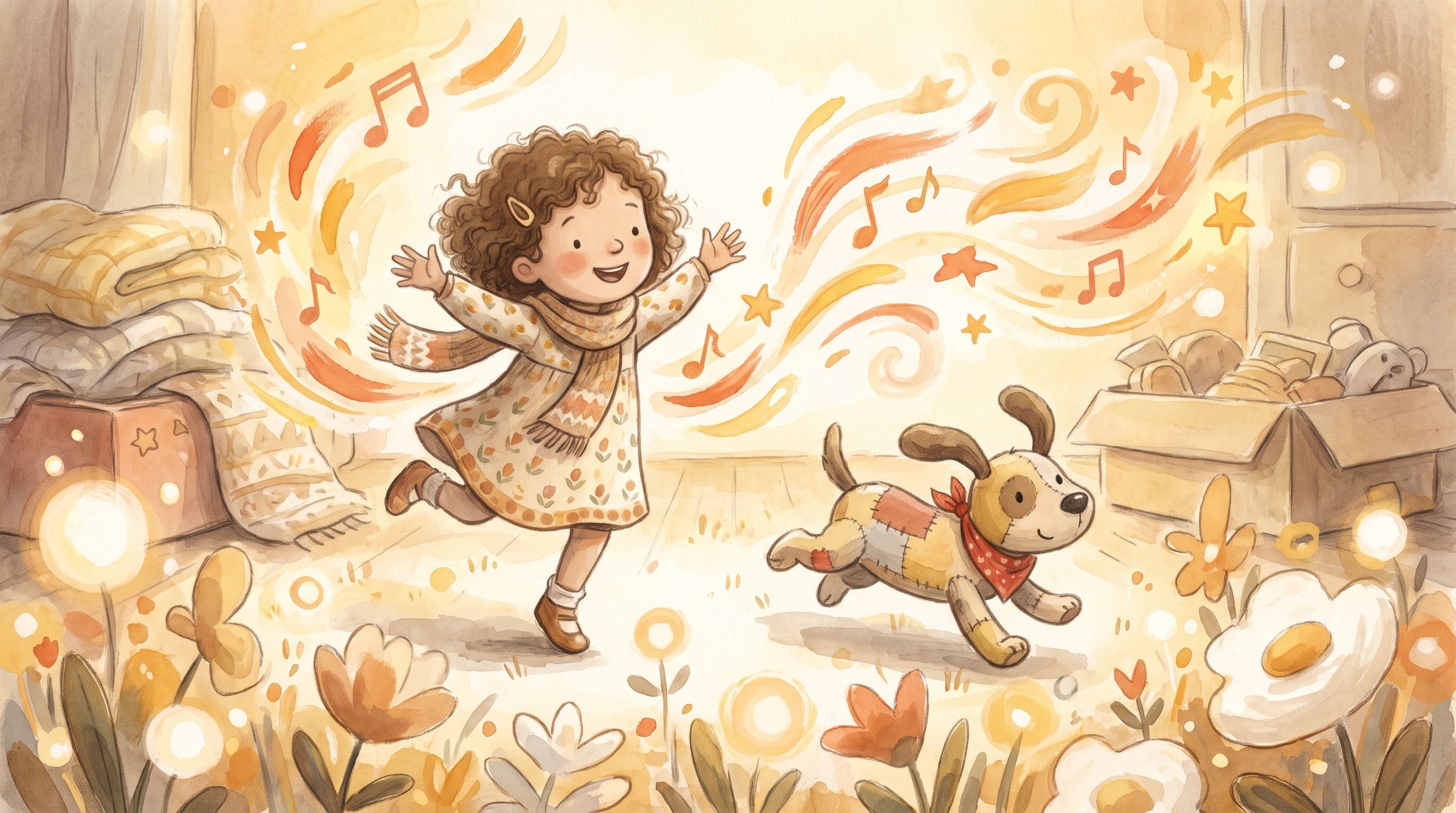 An energetic joyful girl channeling her energy creatively, mid-leap, with a spirited stuffed dog, in a warm storybook illustration