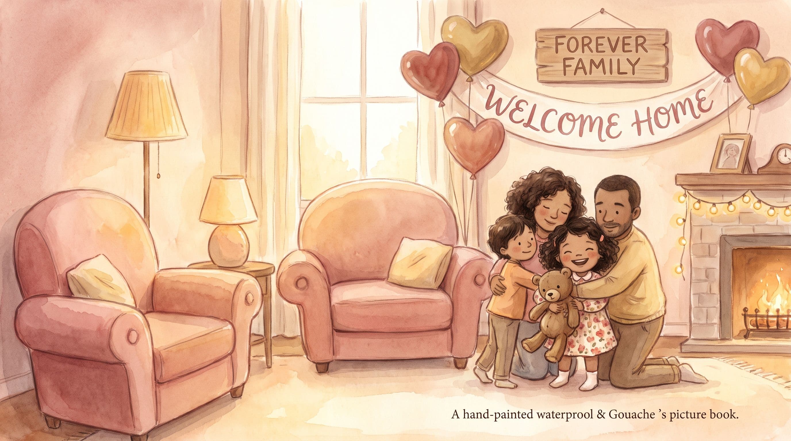 A joyful adoption day celebration with a girl embraced by her forever family, balloons, and a stuffed bear, in a warm storybook illustration