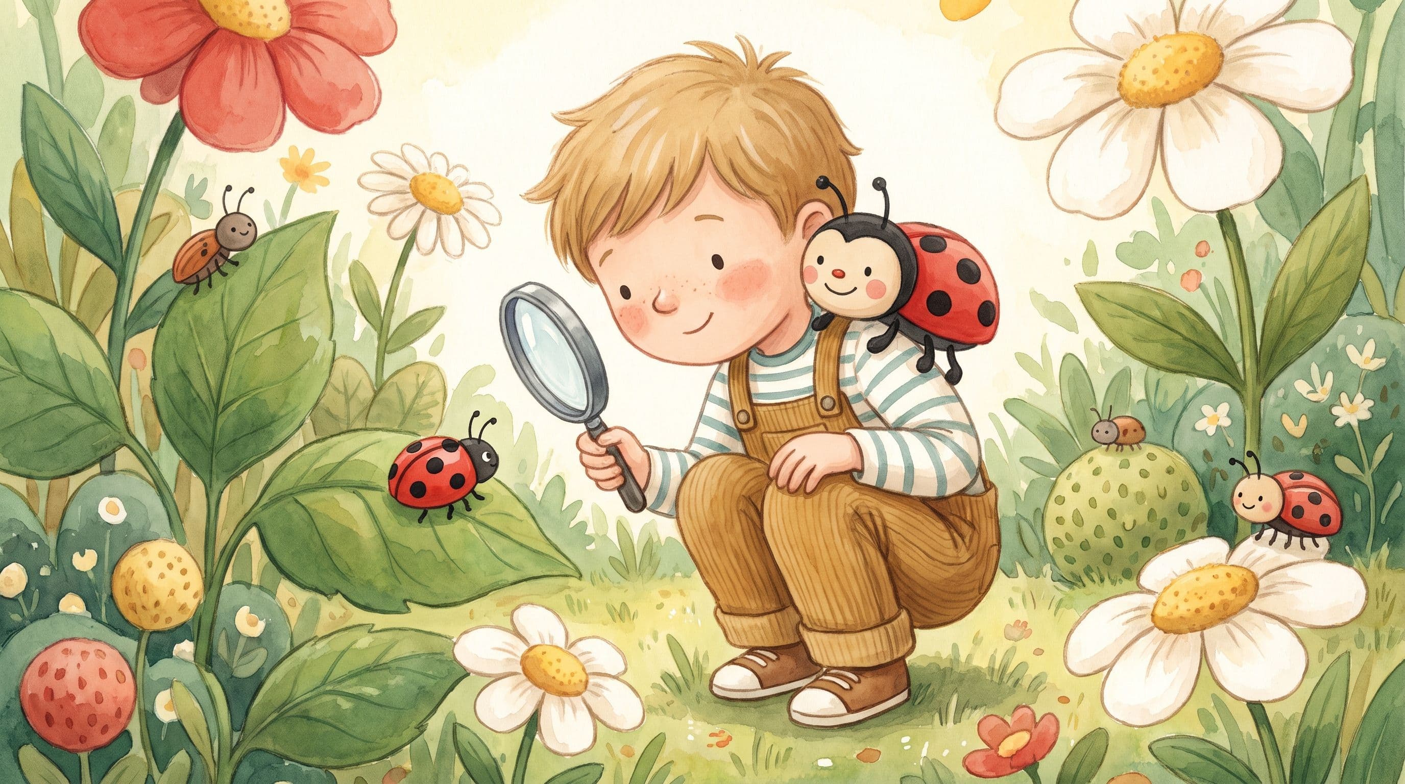 A curious boy examining a friendly ladybug with a magnifying glass in a garden, in a warm storybook illustration