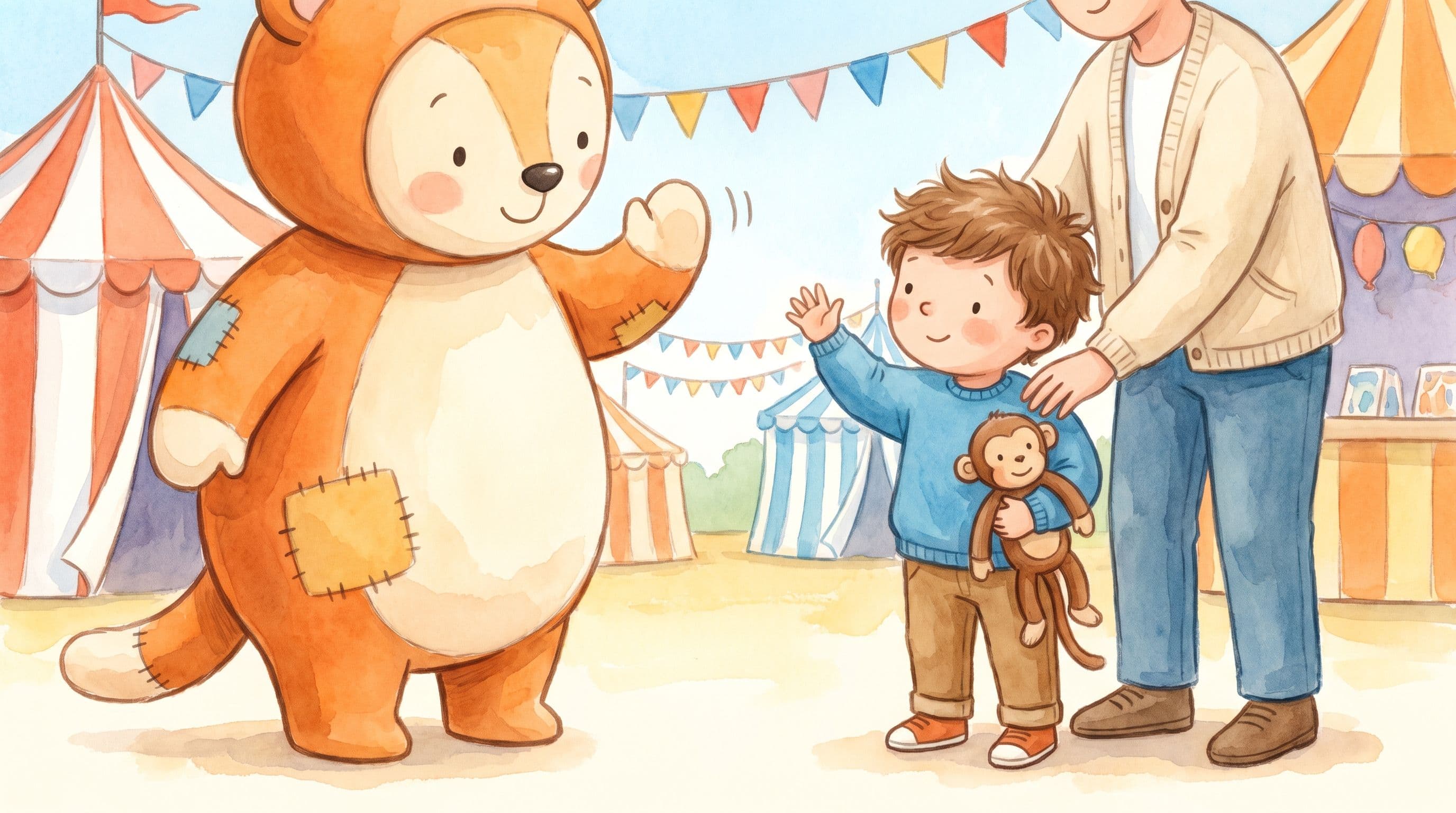 A boy confidently waving at a friendly costumed mascot from a distance with a parent nearby, in a warm storybook illustration