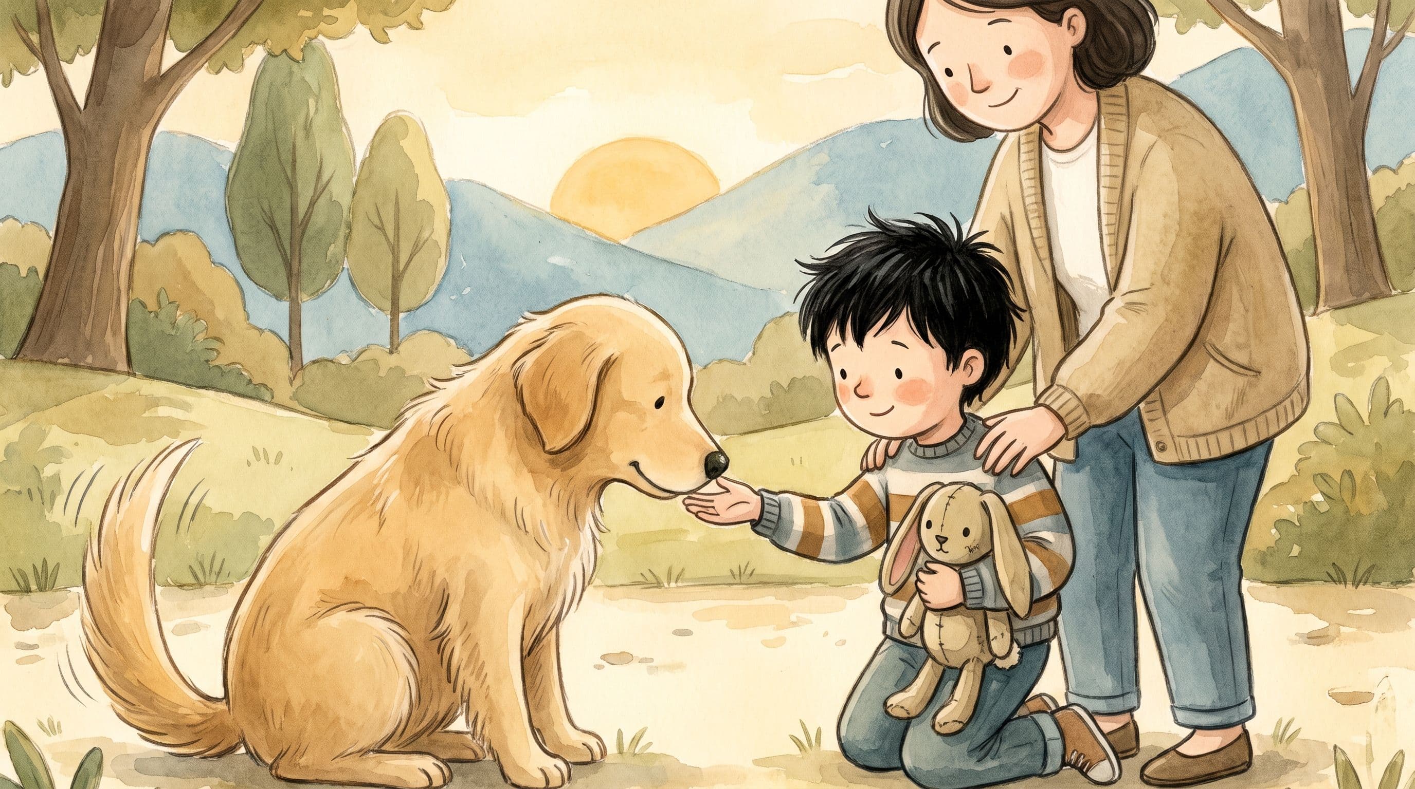 A boy bravely offering his hand to a calm friendly dog in a park with a grown-up nearby, in a warm storybook illustration