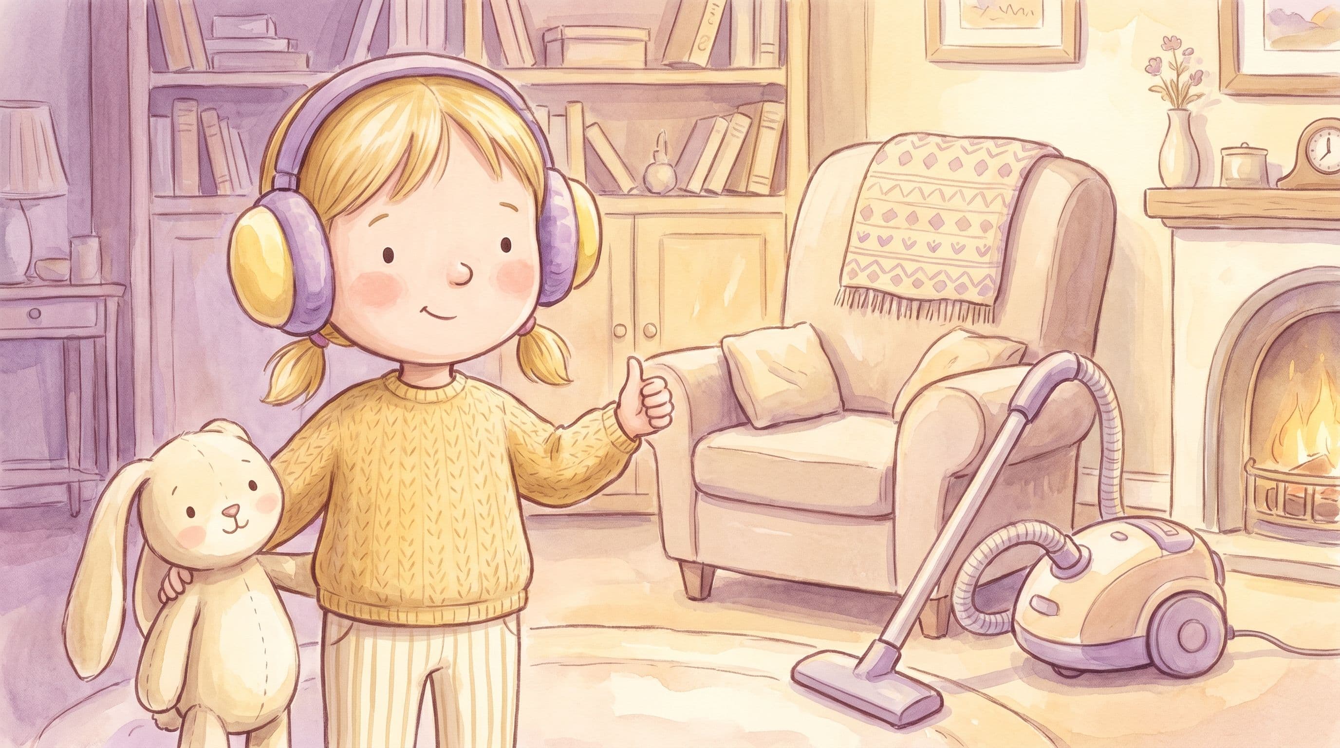 A confident girl wearing ear protection headphones giving a thumbs up near a vacuum with a plush rabbit, in a warm storybook illustration