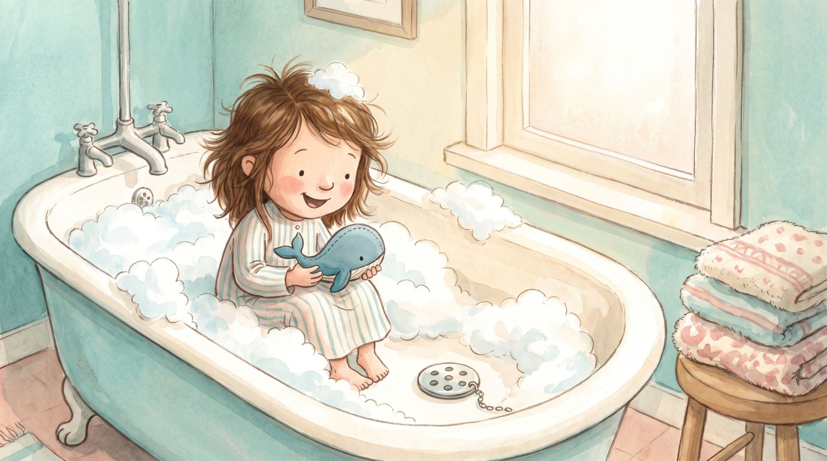 A calm happy girl in a bubble bath holding a toy whale near the drain, in a warm storybook illustration