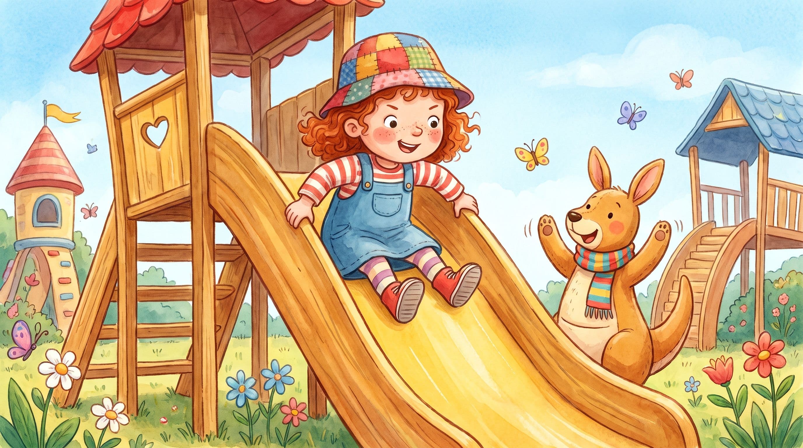 A brave girl at the top of a big slide ready to go down with a stuffed kangaroo cheering, in a warm storybook illustration