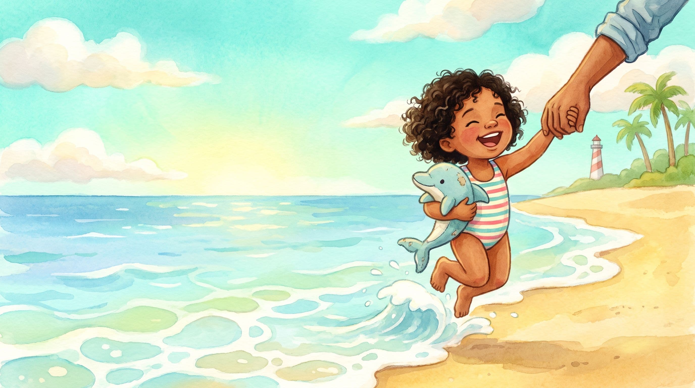 A joyful girl jumping a small wave at the beach holding a grown-up's hand with a stuffed dolphin, in a warm storybook illustration