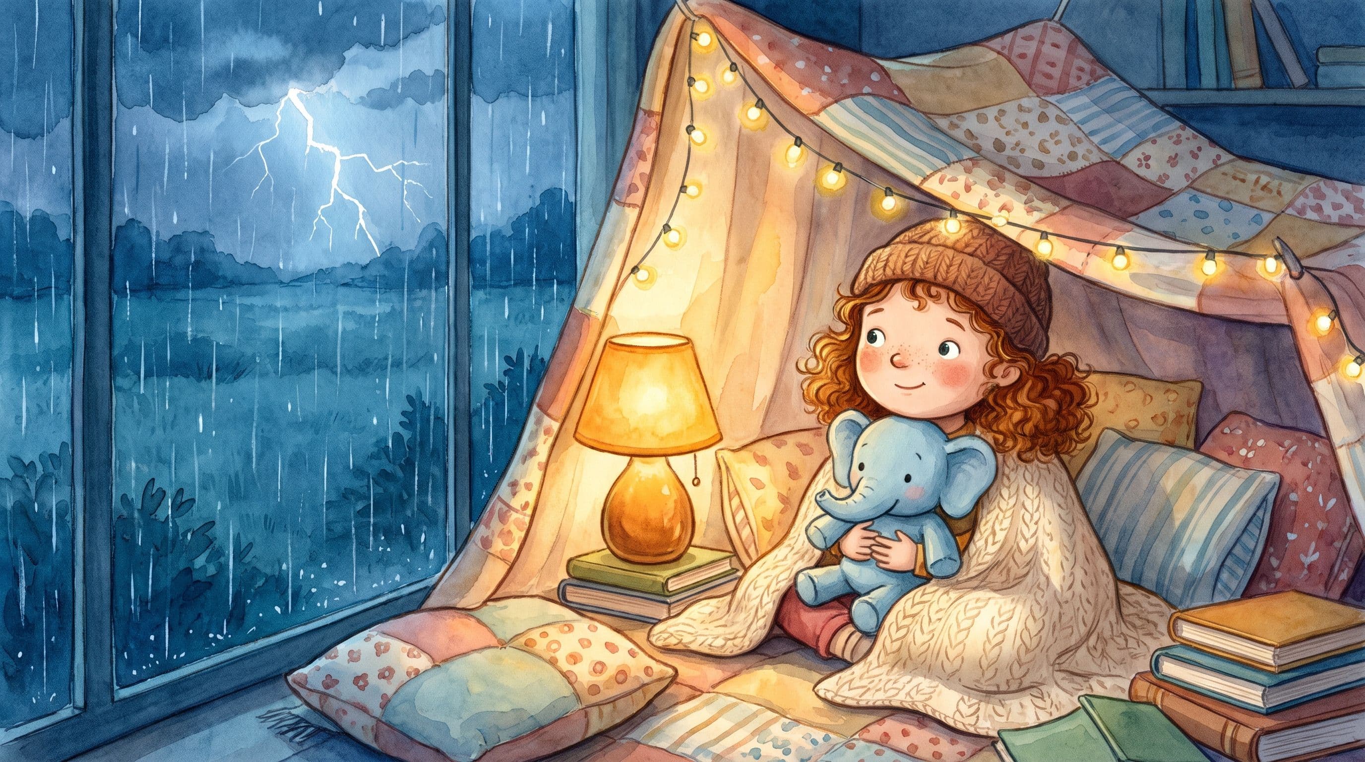 A calm girl in a cozy blanket fort watching a thunderstorm through the window with a plush elephant, in a warm storybook illustration