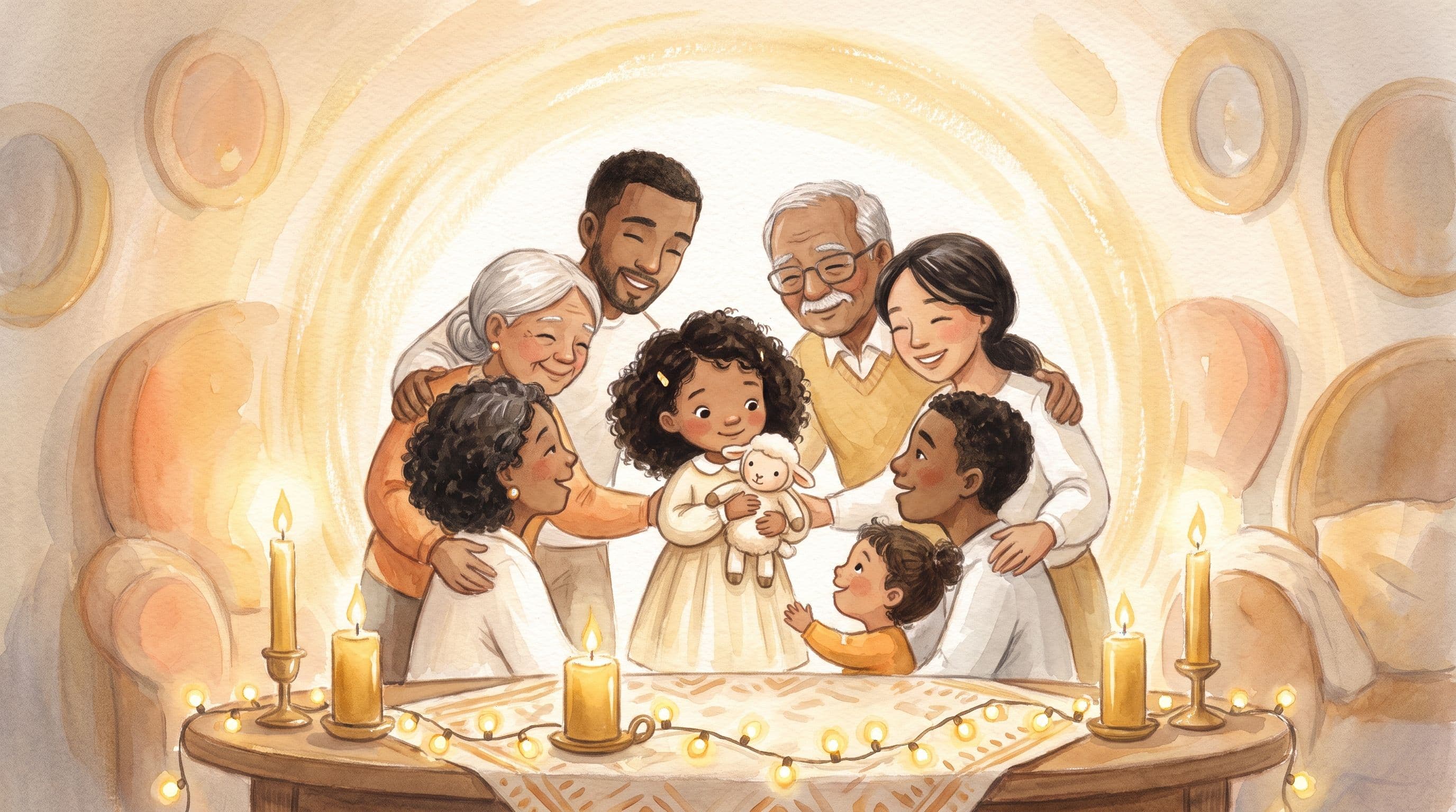 A girl at the center of a warm gentle family religious celebration with soft candlelight and a stuffed lamb, in a warm storybook illustration