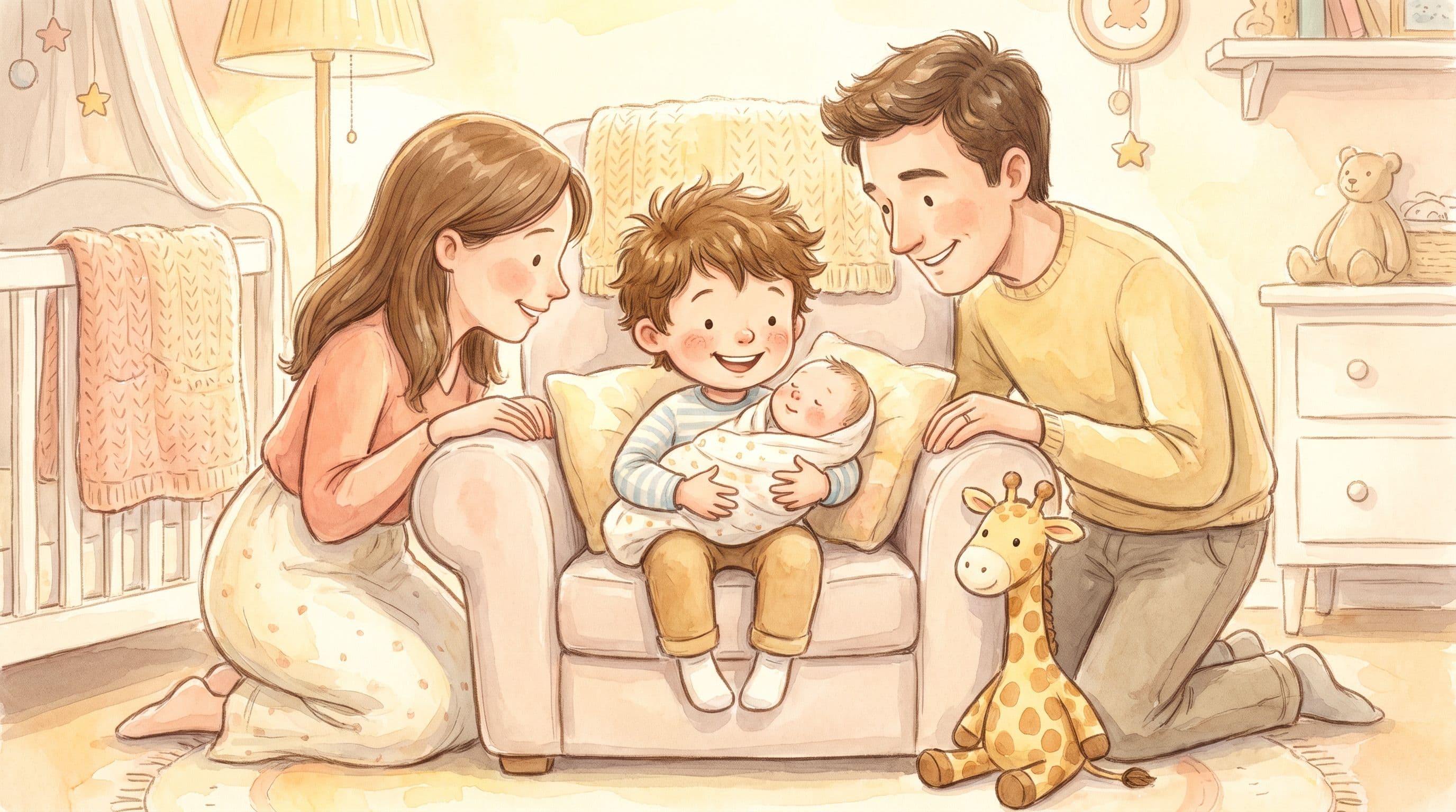 A proud big brother gently holding his new baby sibling with loving parents nearby and a stuffed giraffe, in a warm storybook illustration