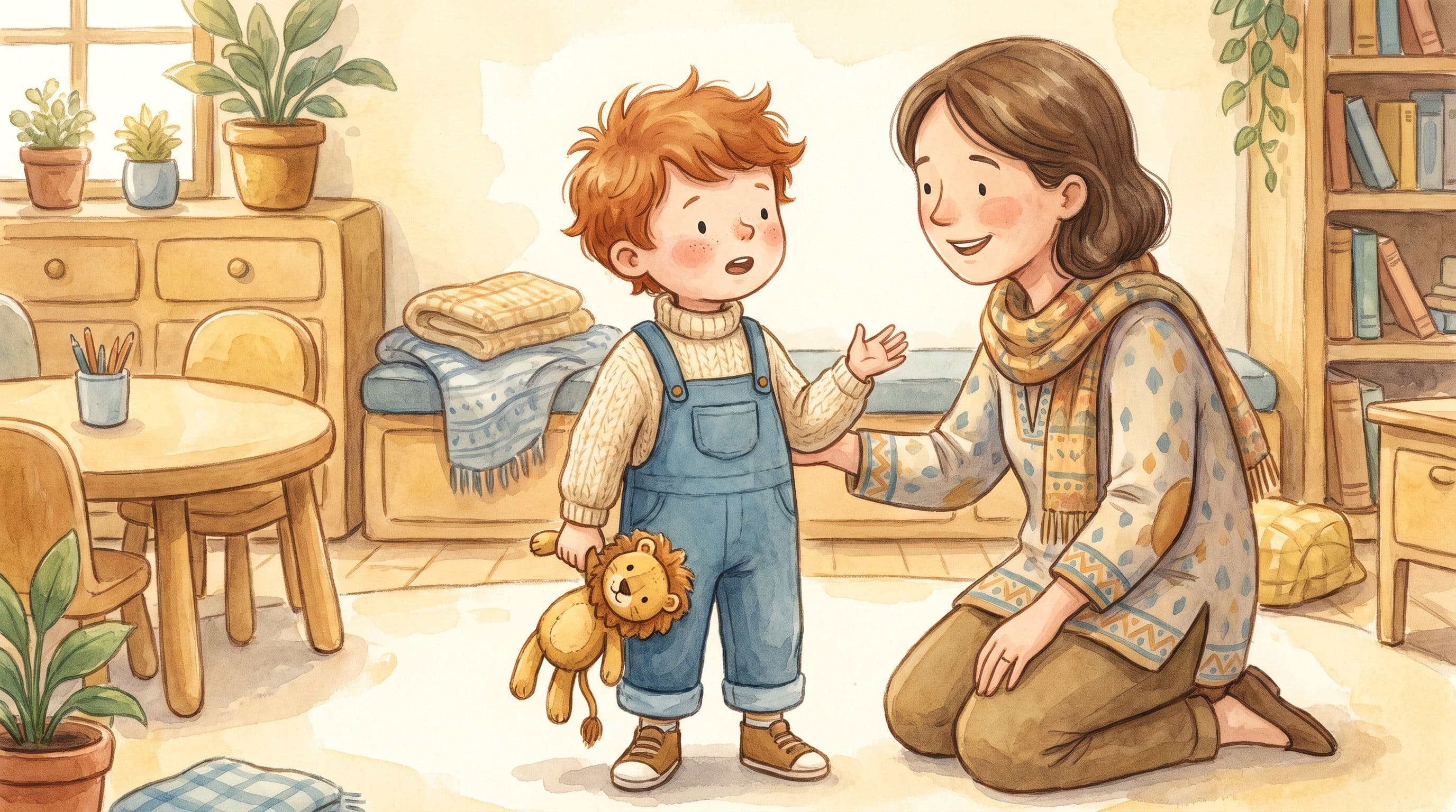A brave boy talking to a kind trusted teacher who kneels to listen, holding a stuffed lion, in a gentle storybook illustration
