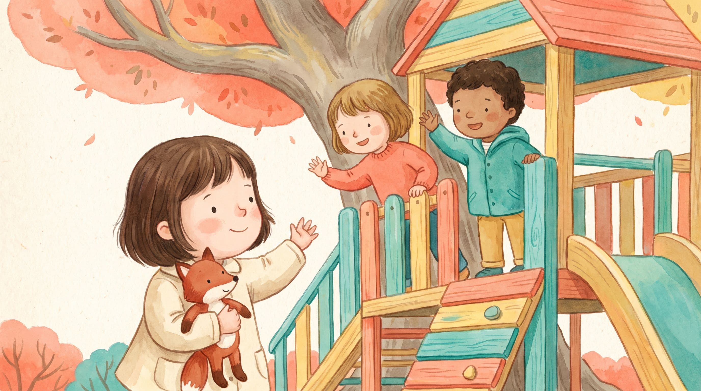 A girl being warmly invited to join a playground game by friendly kids, holding a stuffed fox, in a warm storybook illustration