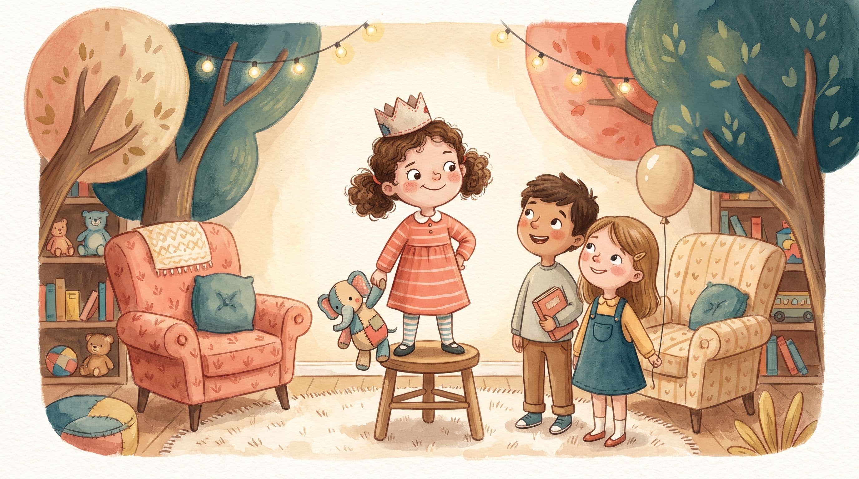 A cheerful smaller girl standing proud and confident among taller friends with a stuffed elephant, in a warm storybook illustration