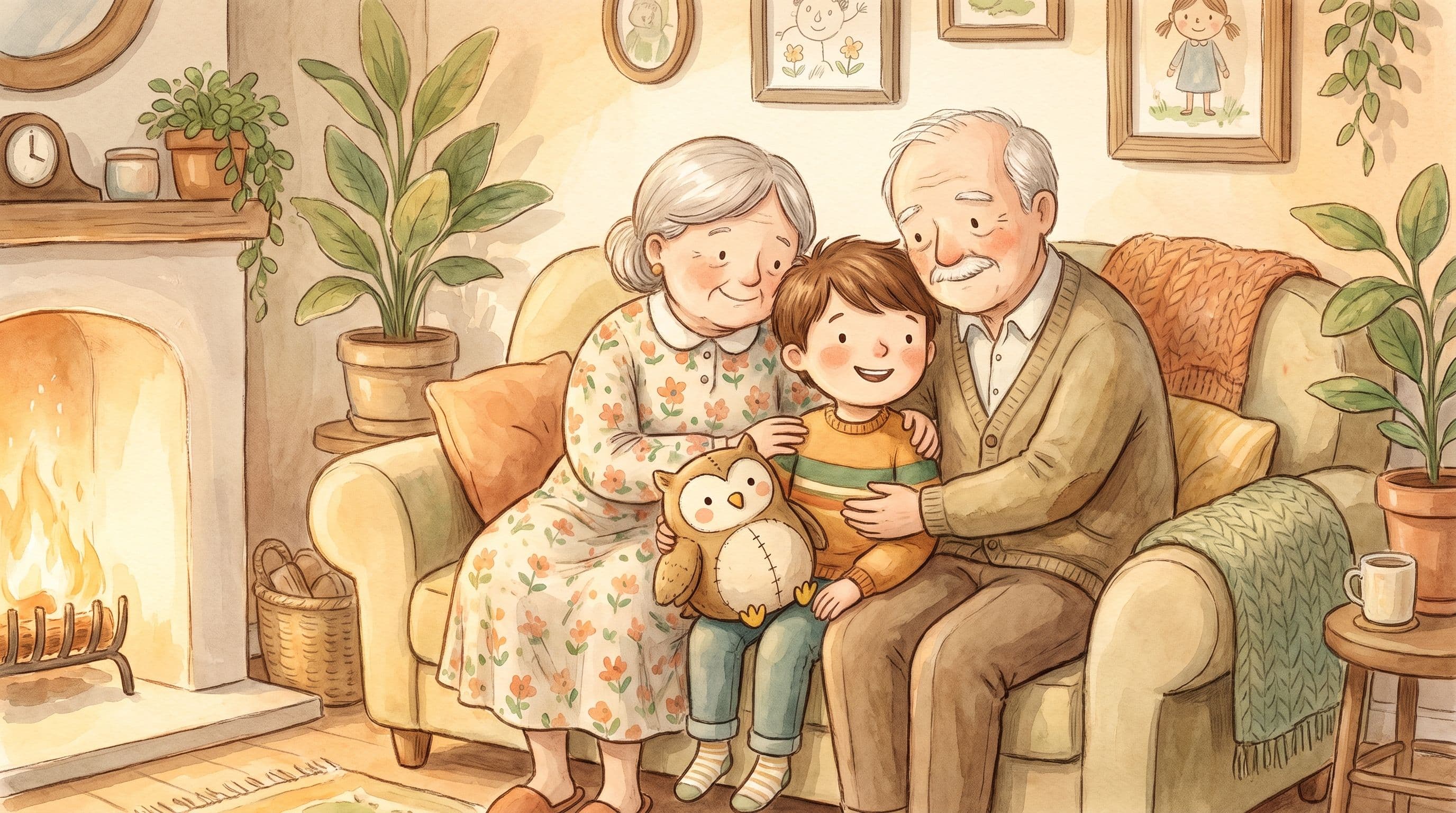 A happy boy snuggling with his loving grandparents who are raising him, with a stuffed owl, in a warm storybook illustration