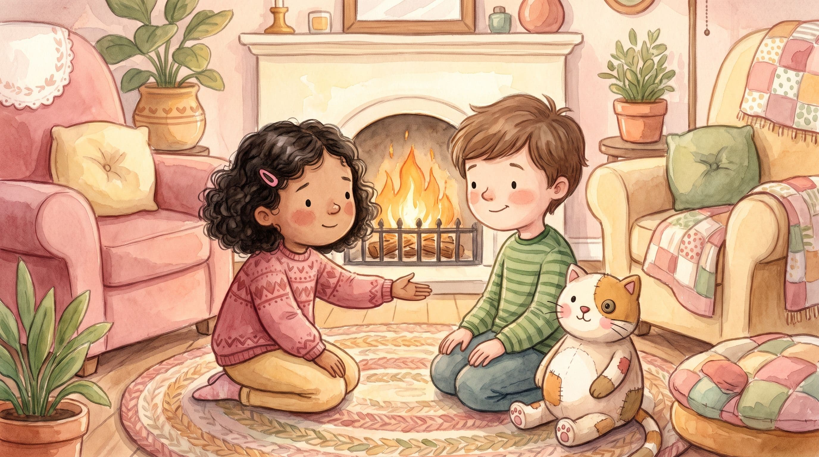A girl sincerely apologizing to another child who softens and smiles, with a stuffed cat, in a warm storybook illustration