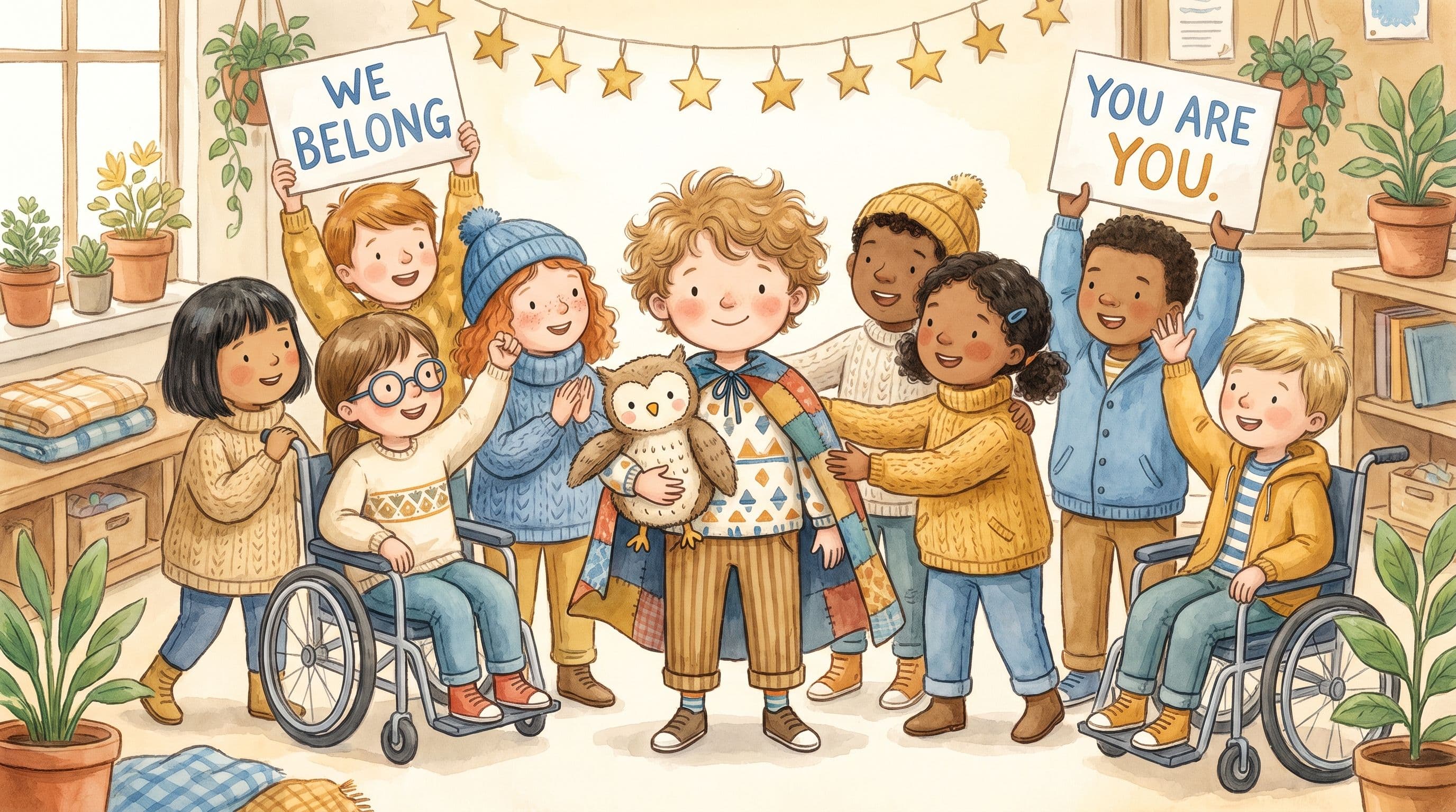 A proud confident boy who looks different standing tall and included among diverse smiling classmates, with a stuffed owl, in a warm storybook illustration