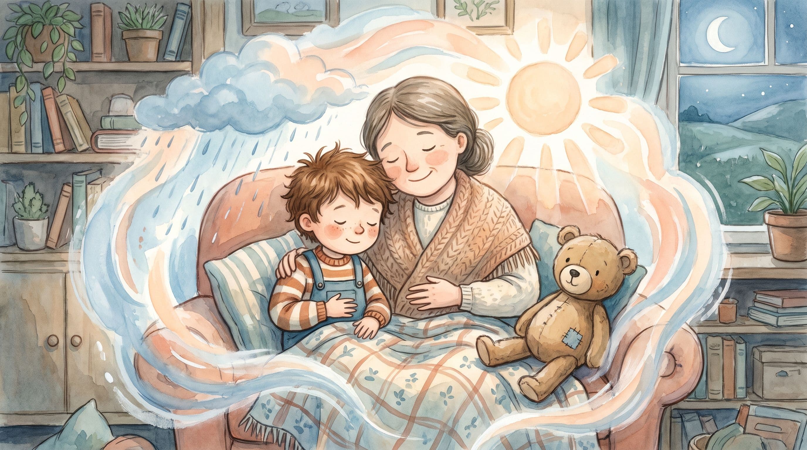 A boy with big feelings taking a calming belly breath with a loving parent and a stuffed bear, in a warm storybook illustration