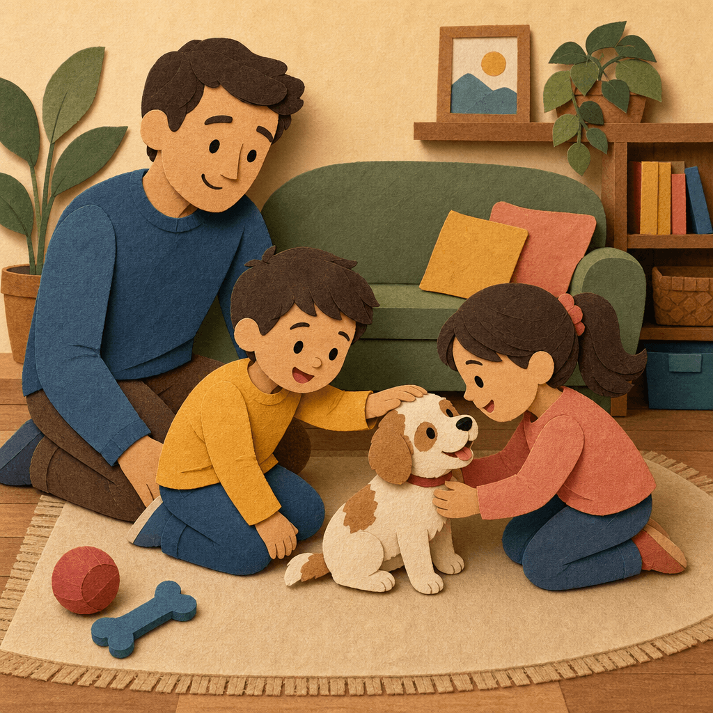 A dad and two children kneeling on a rug to gently pet a new puppy in a cozy living room, in a warm paper-cut collage storybook illustration