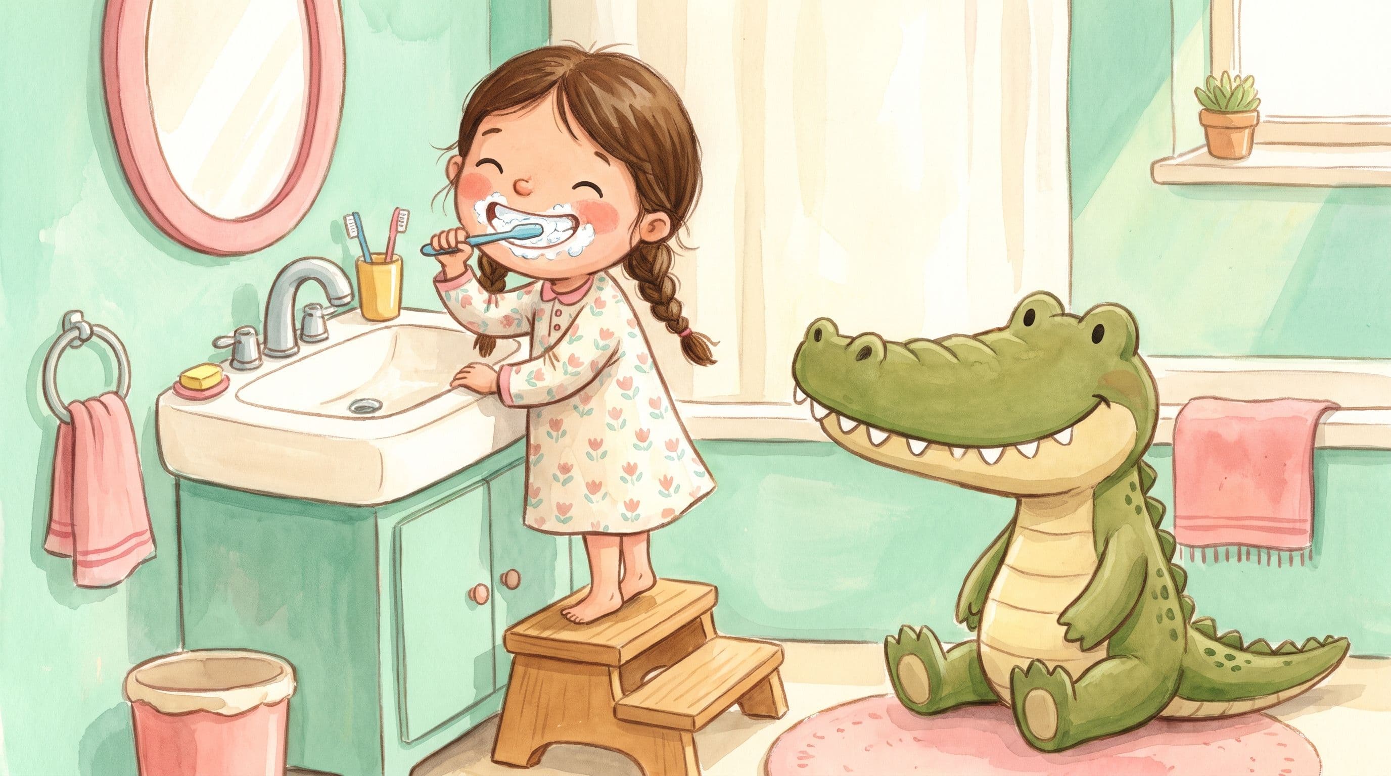A happy girl brushing her teeth at the sink with a foamy smile and a friendly stuffed crocodile, in a warm storybook illustration