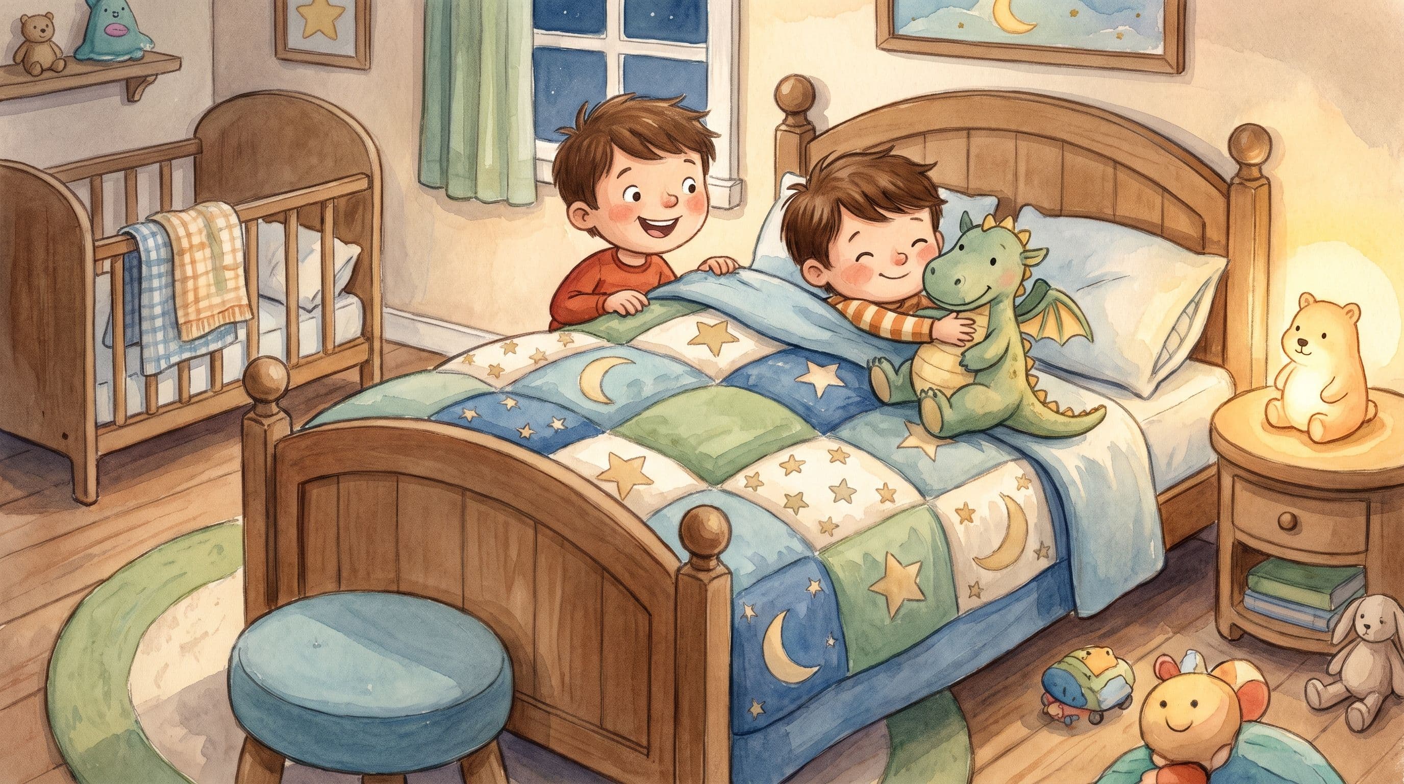 A proud toddler climbing into a new big-kid bed with a stuffed dragon and the old crib nearby, in a warm storybook illustration
