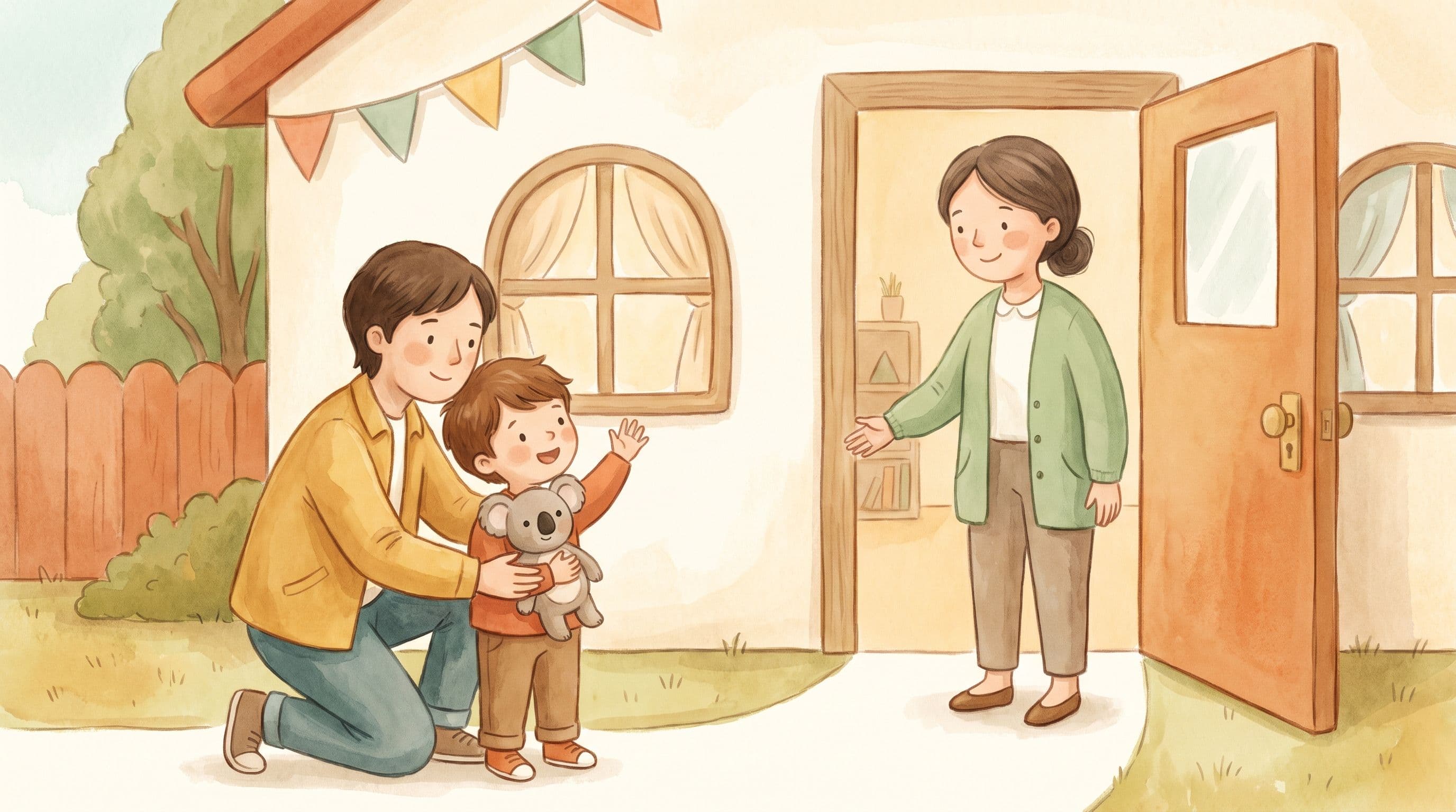 A boy sharing a loving goodbye ritual with his parent at daycare drop-off with a kind caregiver and a stuffed koala, in a warm storybook illustration
