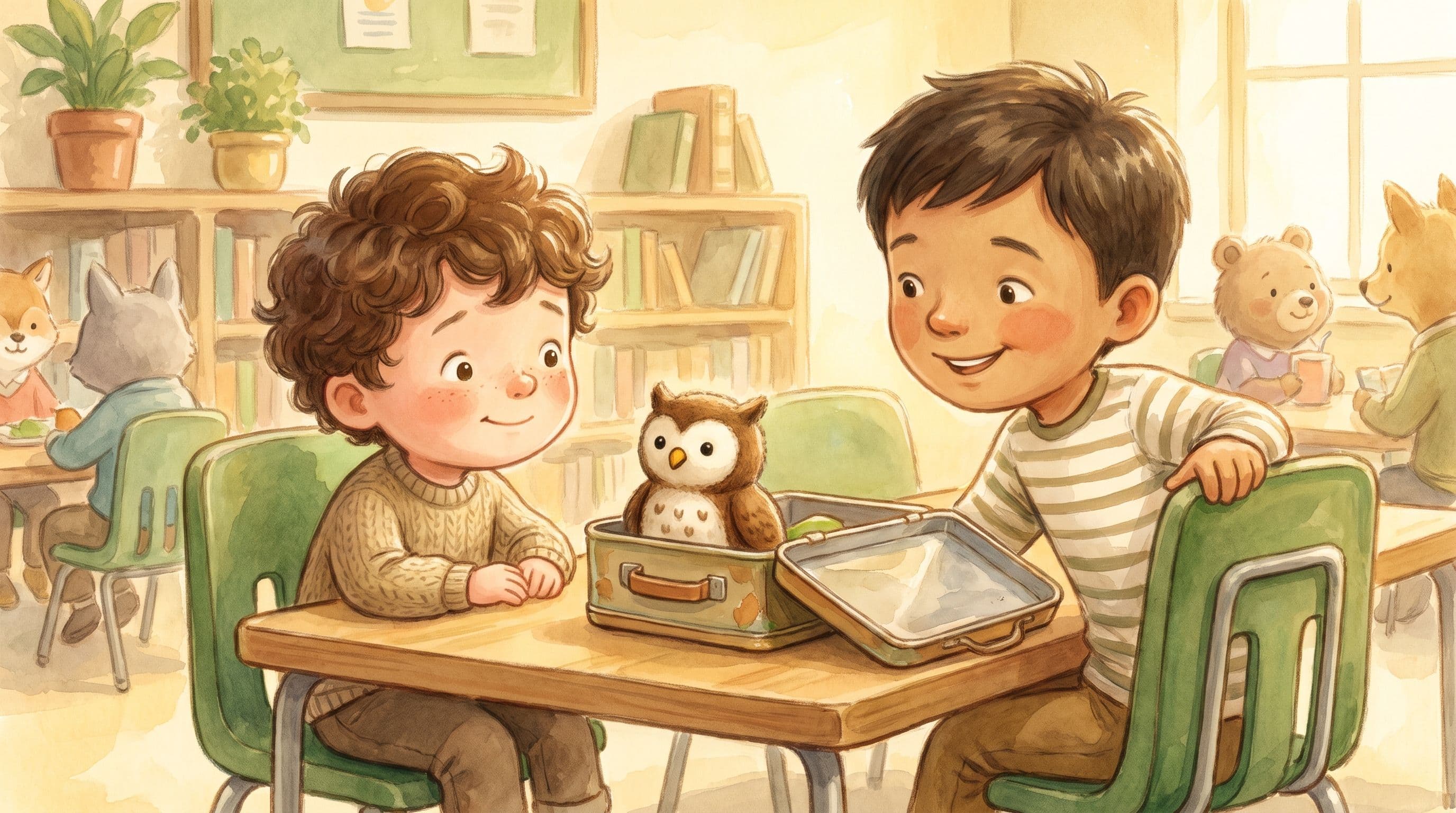 A boy at a lunch table brightening as a friendly classmate sits beside him, a stuffed owl in his lunchbox, in a warm storybook illustration