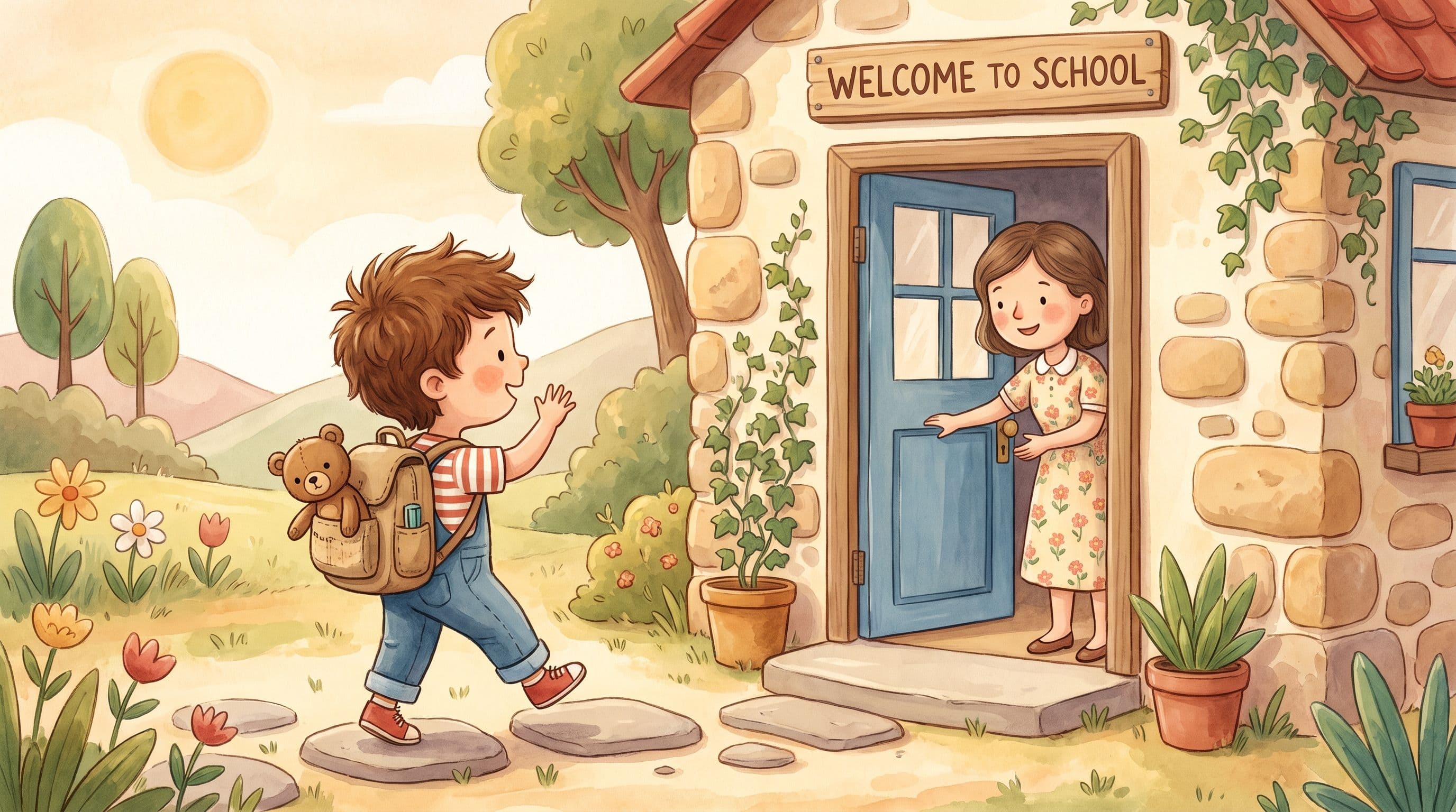 A brave boy with a backpack starting his first day of school as a kind teacher welcomes him, a stuffed bear peeking out, in a warm storybook illustration