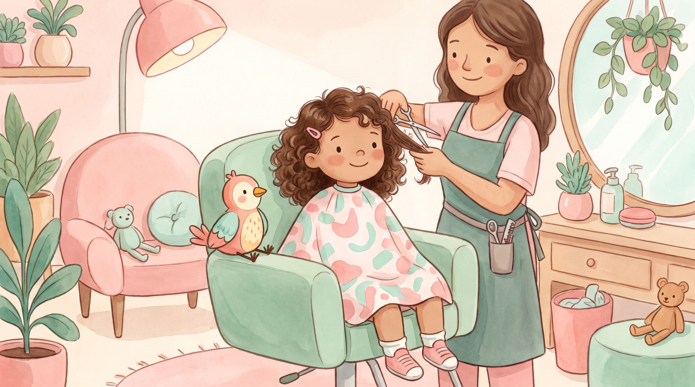 A calm happy girl getting her first haircut from a kind stylist with a stuffed bird, in a warm storybook illustration