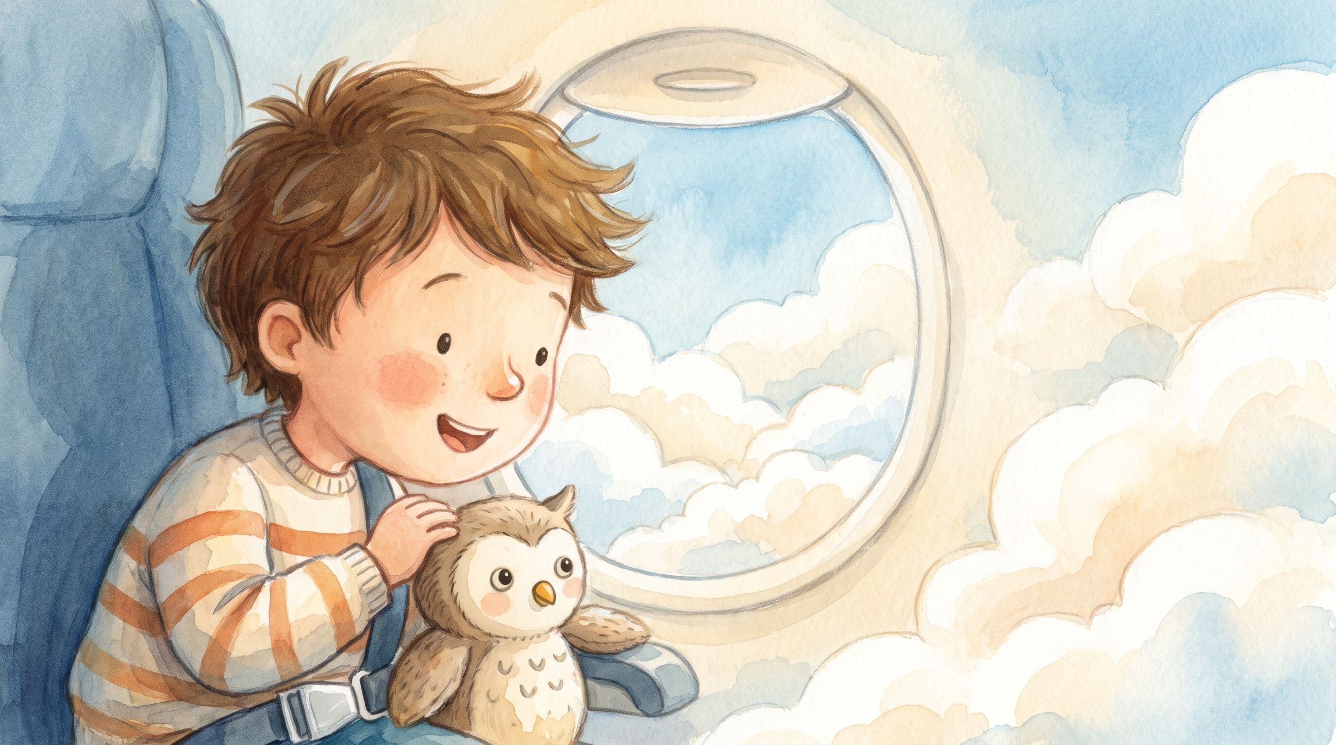 An excited boy looking out an airplane window at clouds with a stuffed owl, in a warm storybook illustration