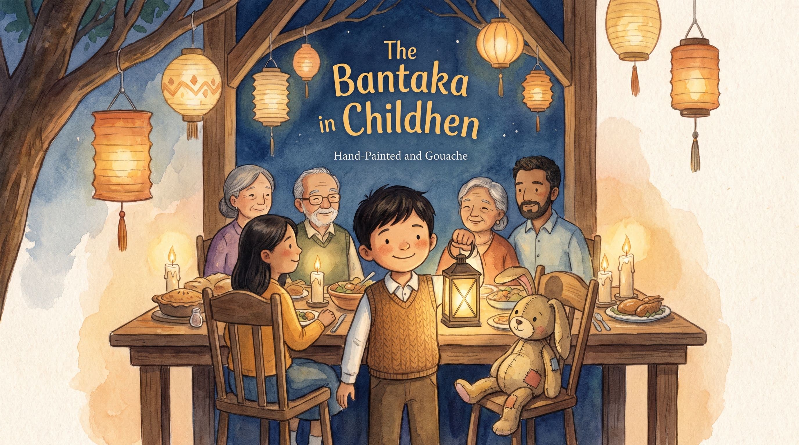 A proud boy at a warm family faith milestone with glowing lanterns and a stuffed rabbit, in a warm storybook illustration