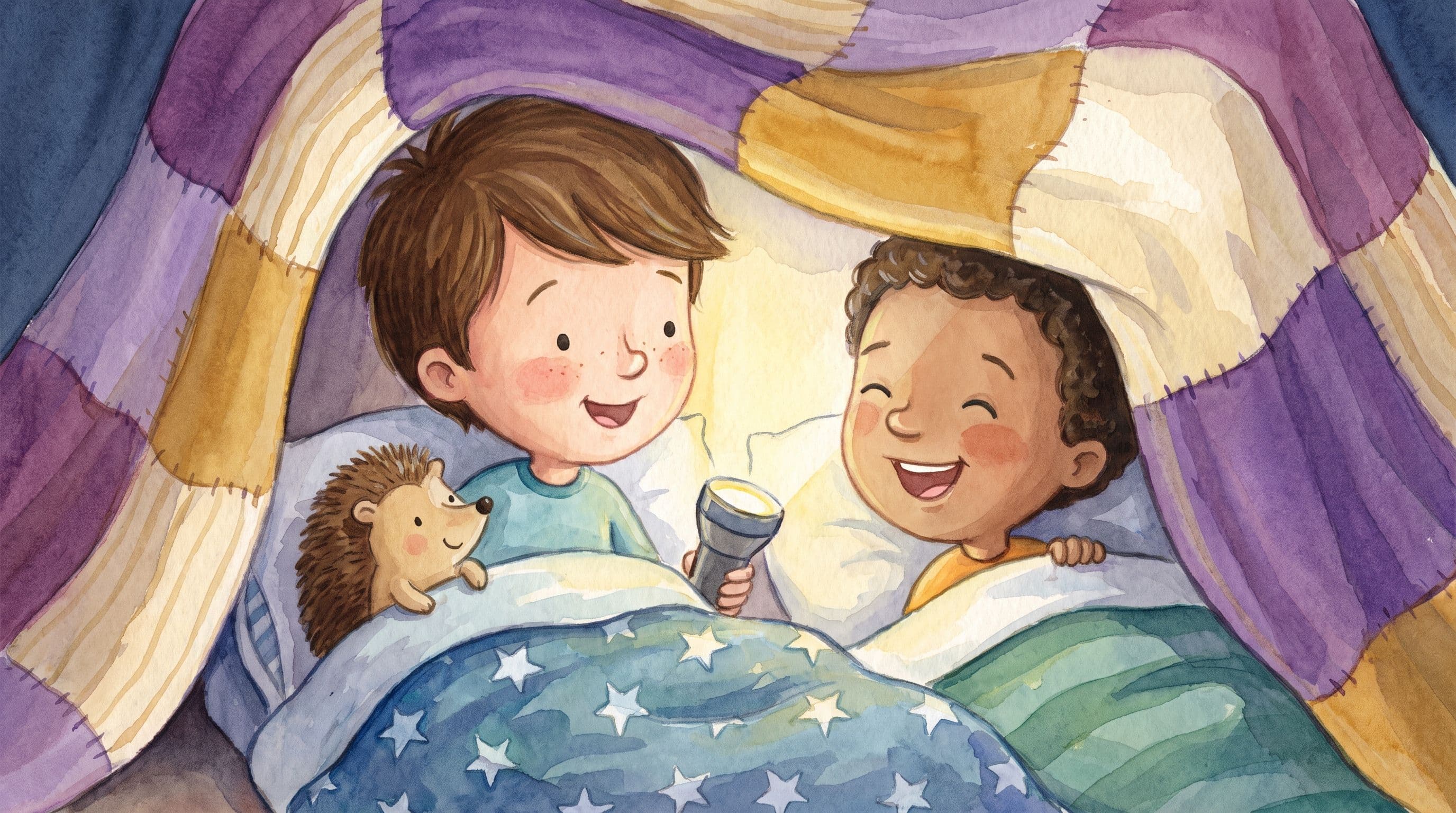 A brave boy at his first sleepover cozy in a sleeping bag with a flashlight and a stuffed hedgehog, in a warm storybook illustration