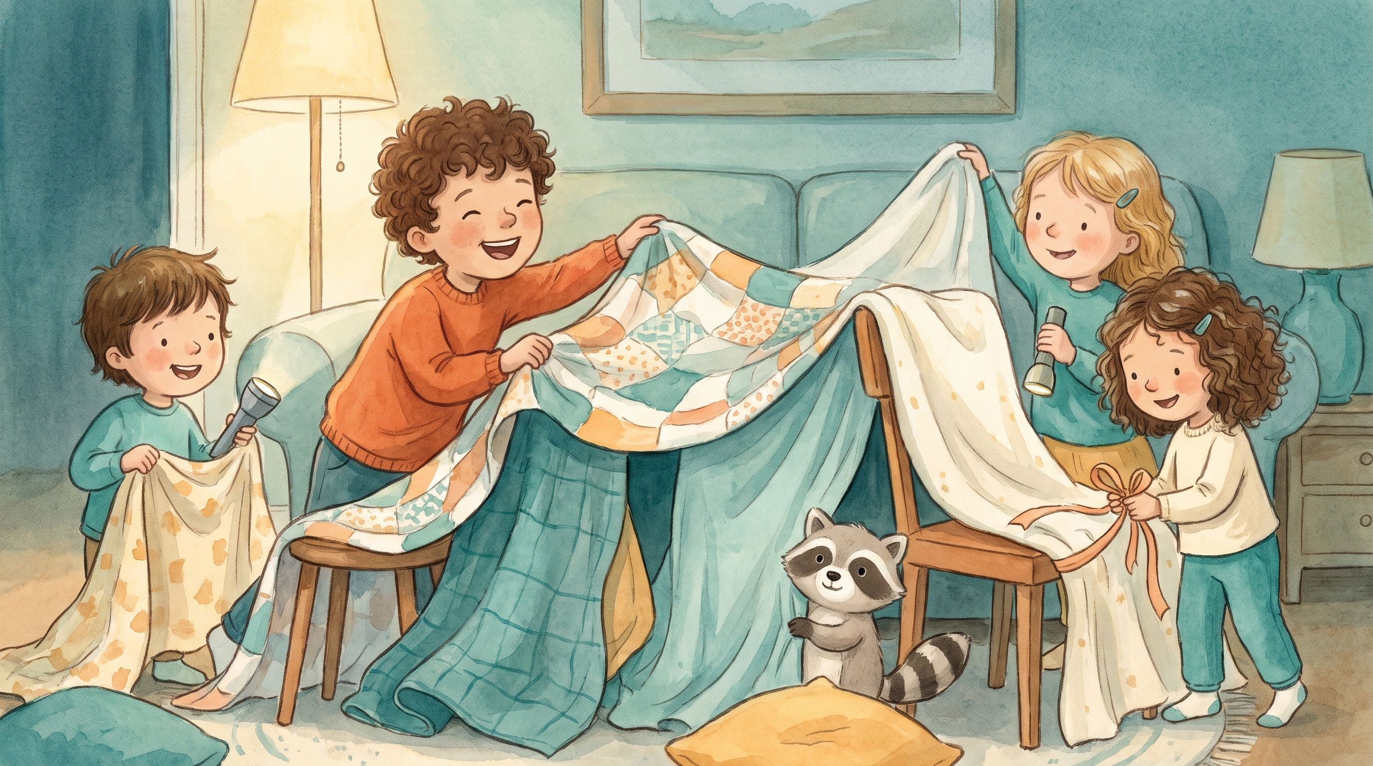 A cheerful boy building a blanket fort with new stepsiblings and a stuffed raccoon, in a warm storybook illustration