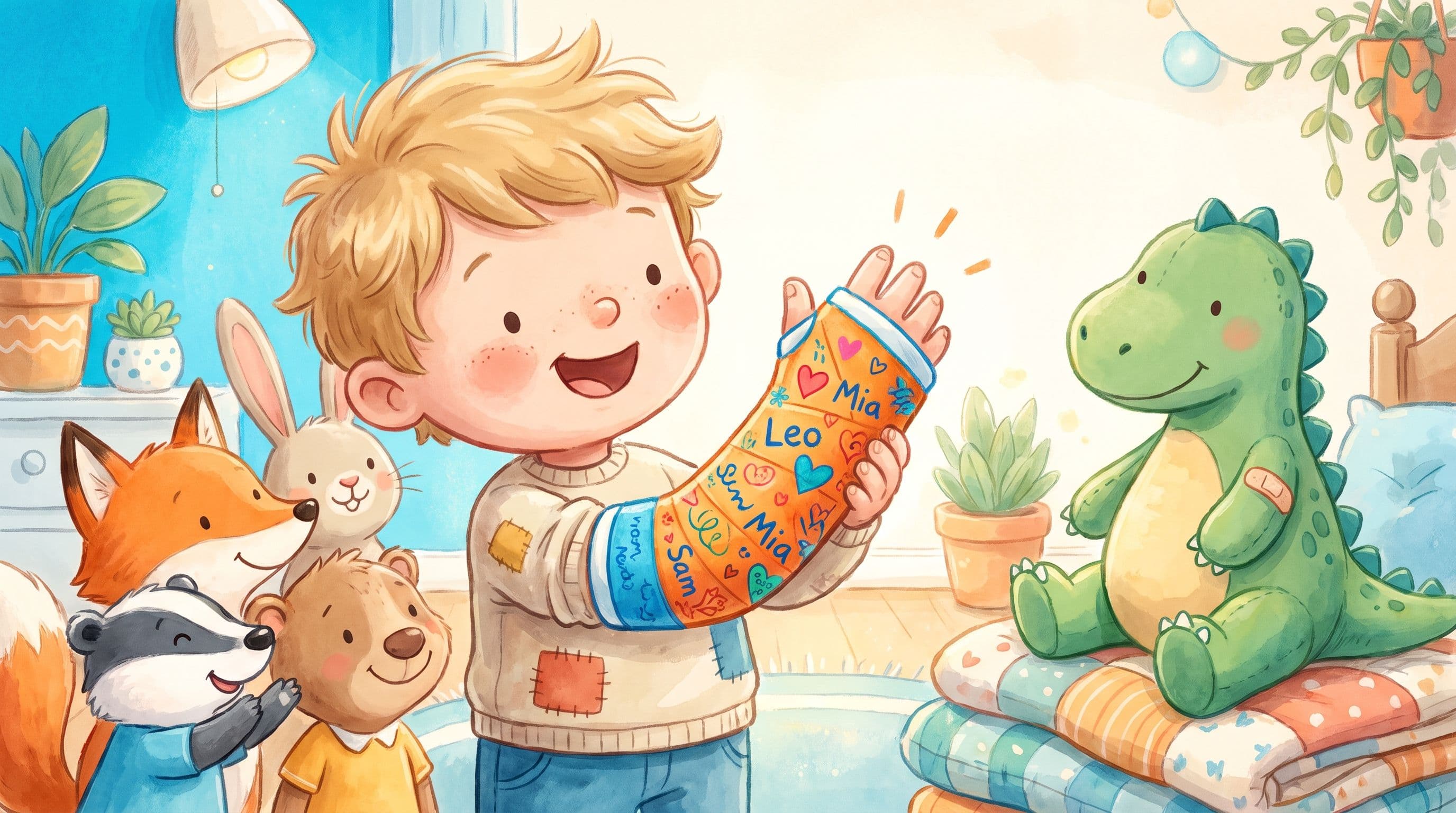 A cheerful boy showing off his signed colorful arm cast with a stuffed dinosaur, in a warm storybook illustration
