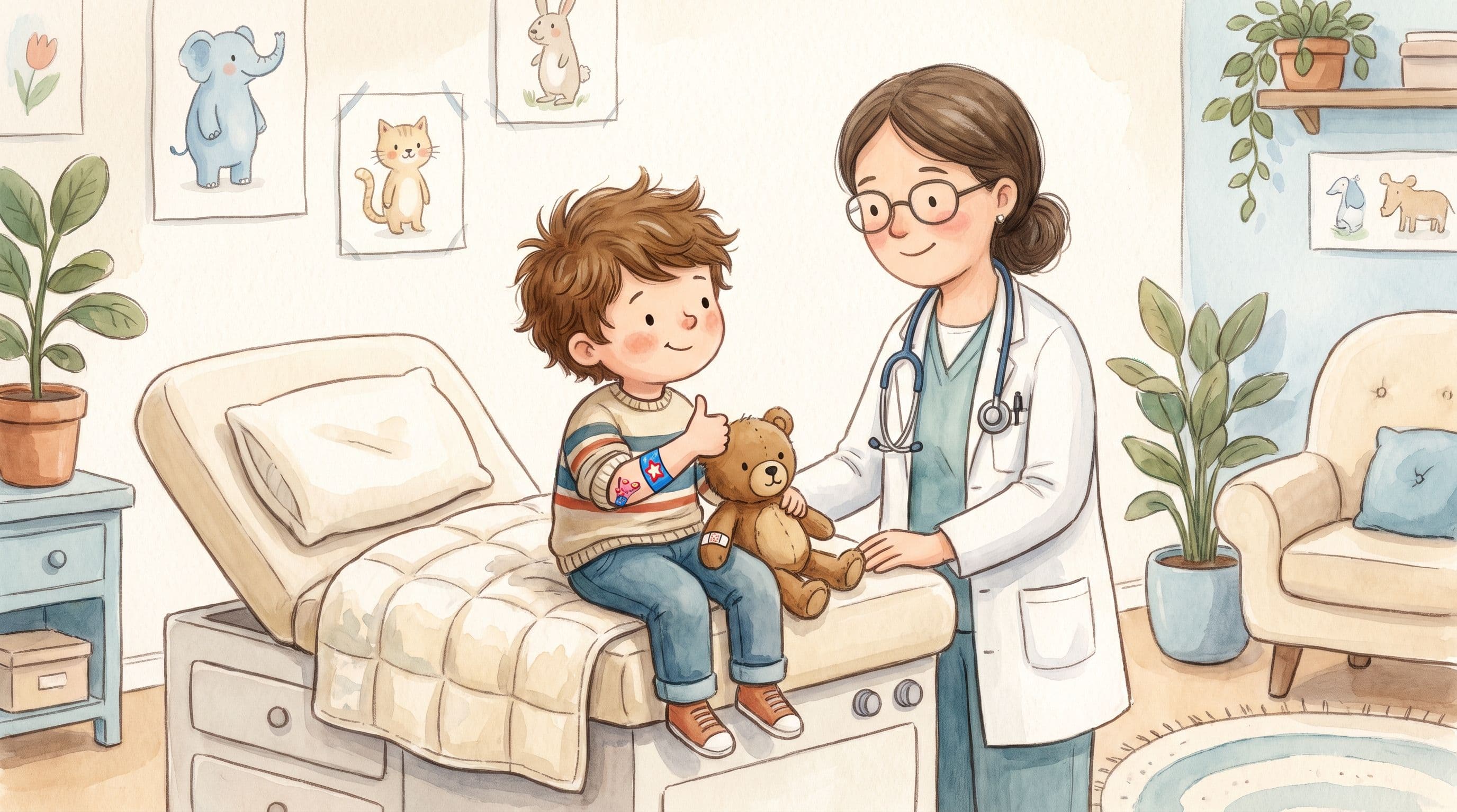 A brave boy at the doctor giving a thumbs up with a bandage on his arm and a stuffed bear, in a warm storybook illustration