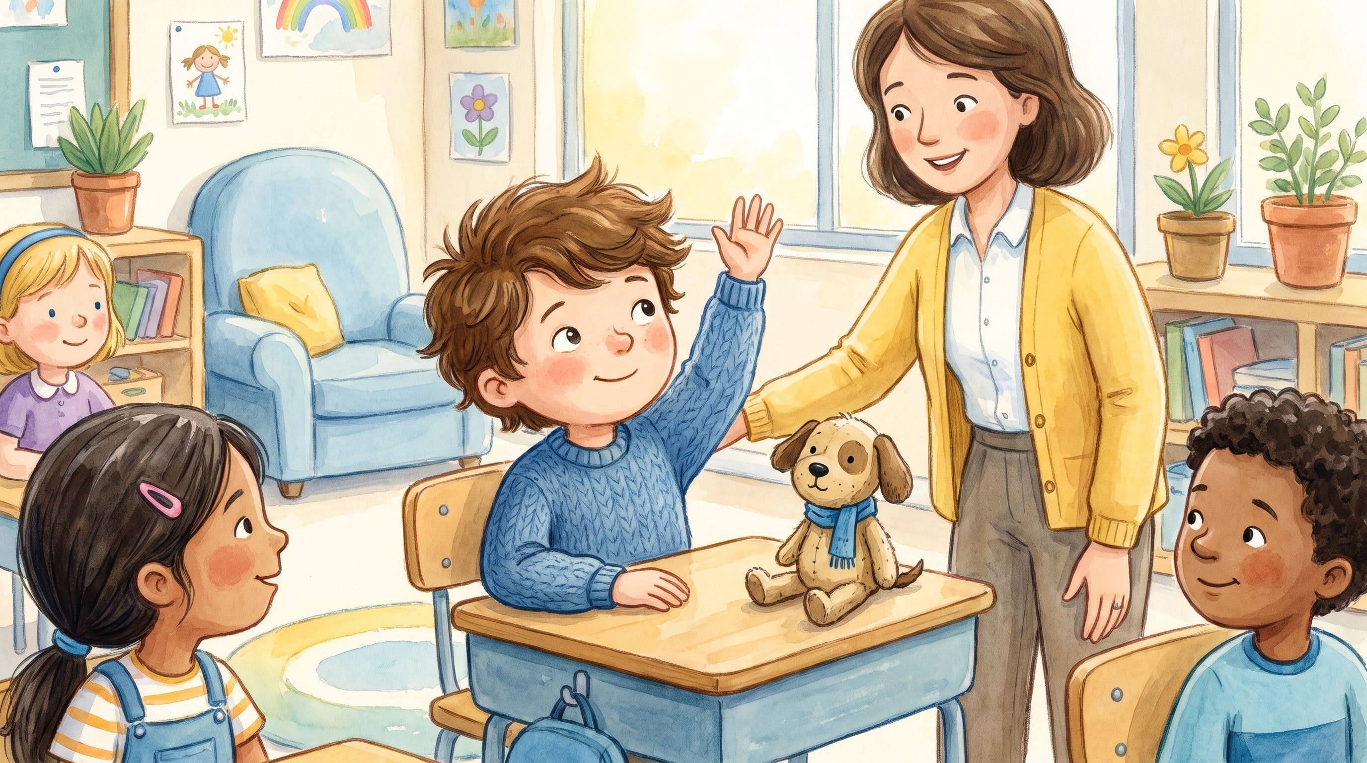 A brave boy raising his hand at his desk with a kind teacher and supportive classmates and a stuffed dog, in a warm storybook illustration