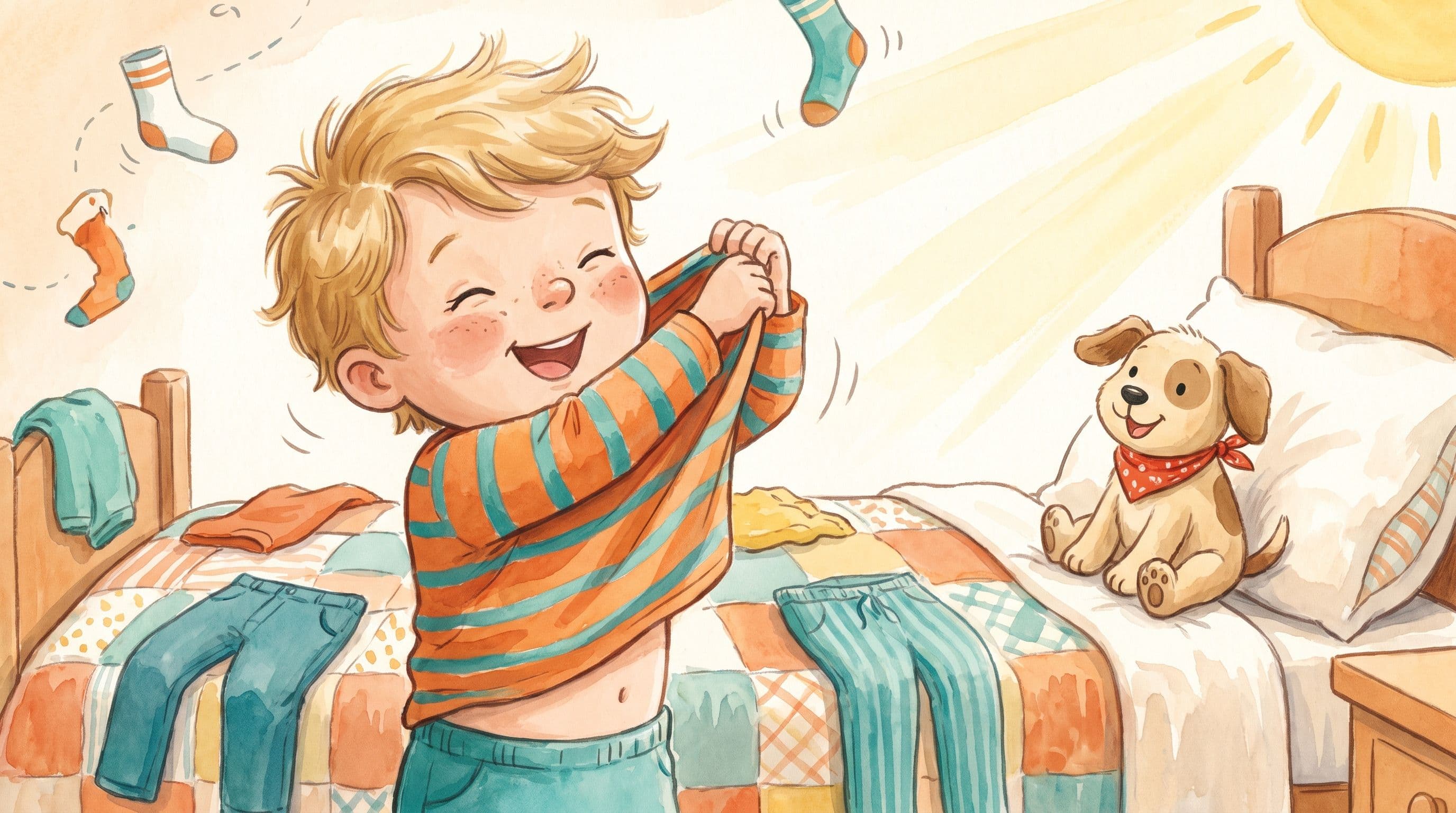 A cheerful boy pulling a shirt over his head getting dressed by himself with a stuffed puppy nearby, in a warm storybook illustration