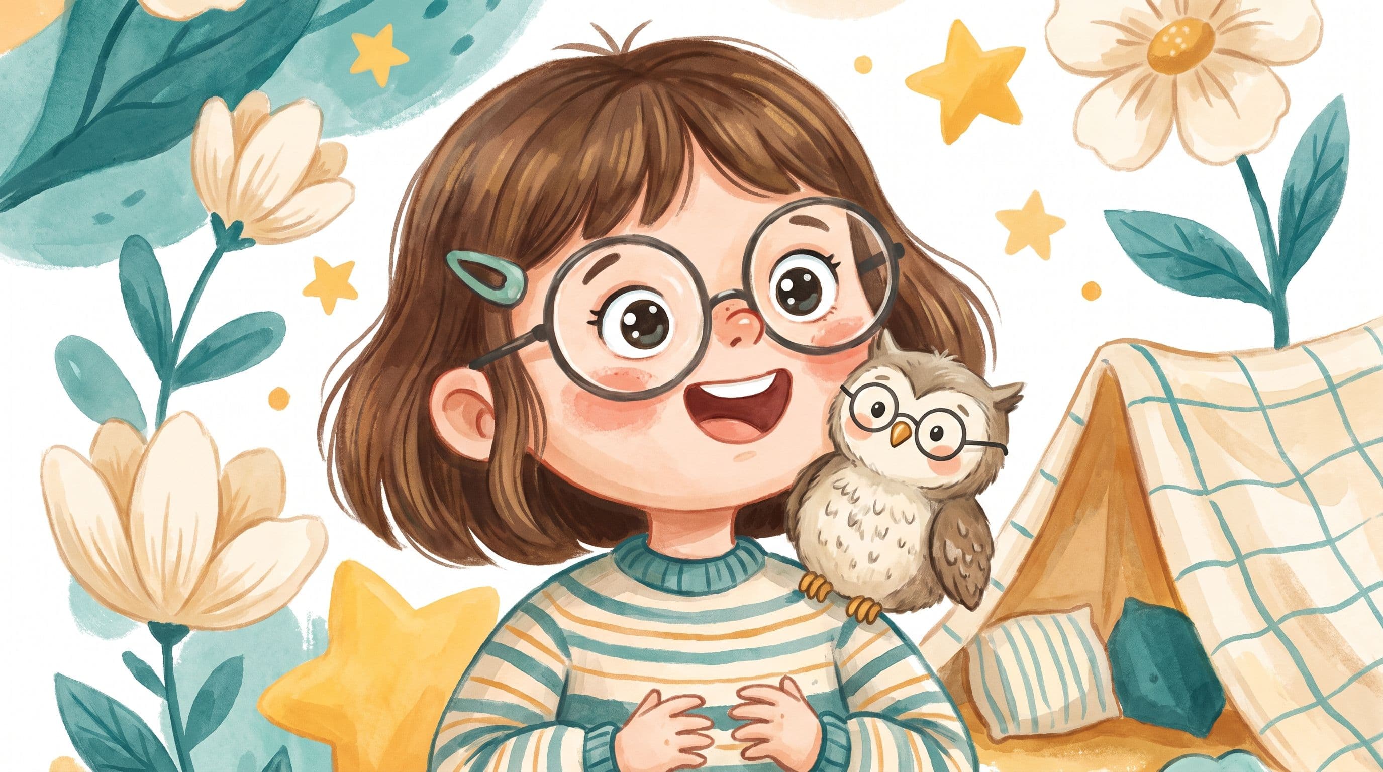 A delighted girl proudly wearing new glasses with a stuffed owl in matching glasses, in a warm storybook illustration