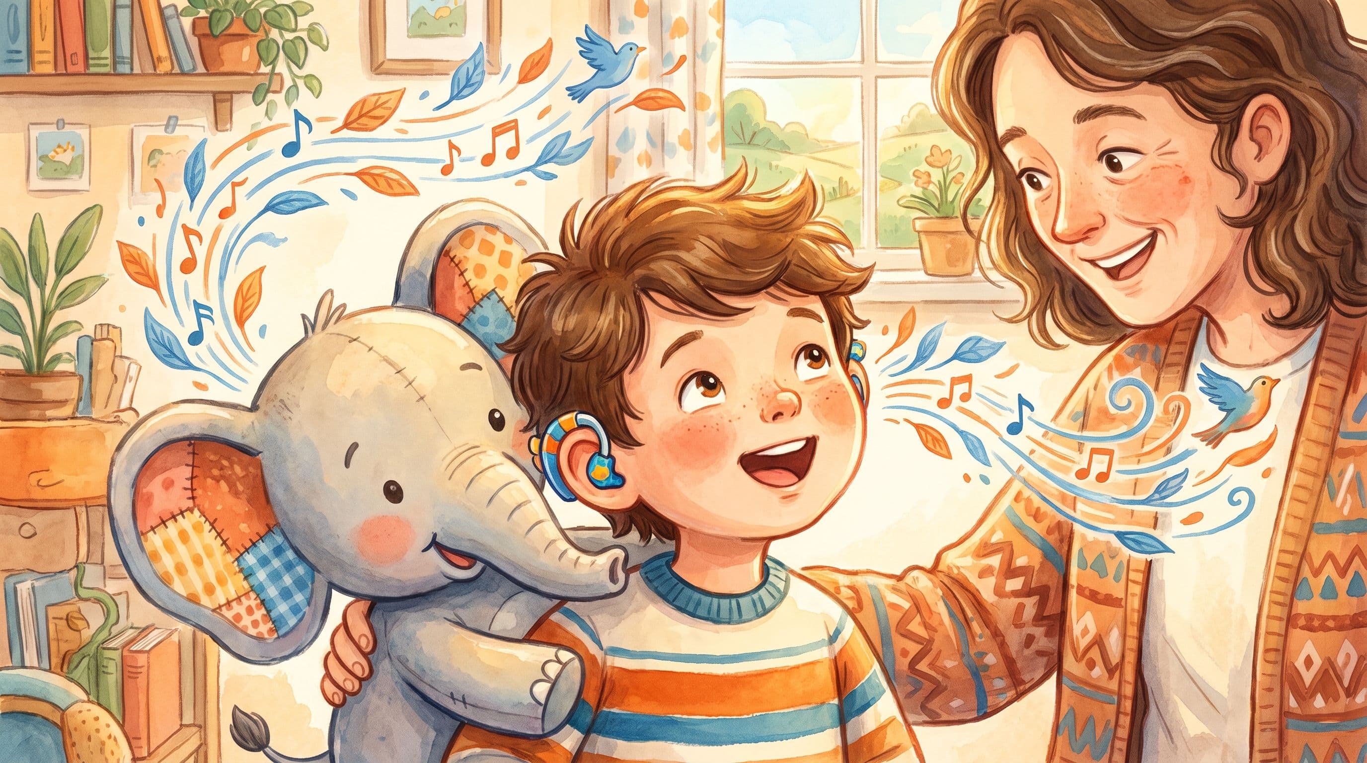 A delighted boy proudly wearing colorful hearing aids with a stuffed elephant, in a warm storybook illustration