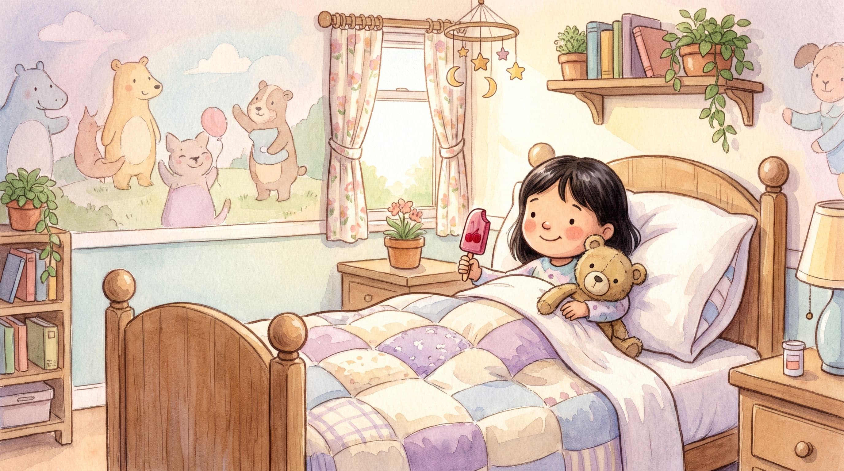A calm girl resting cozily in a hospital bed with a popsicle and a stuffed bear, in a warm storybook illustration