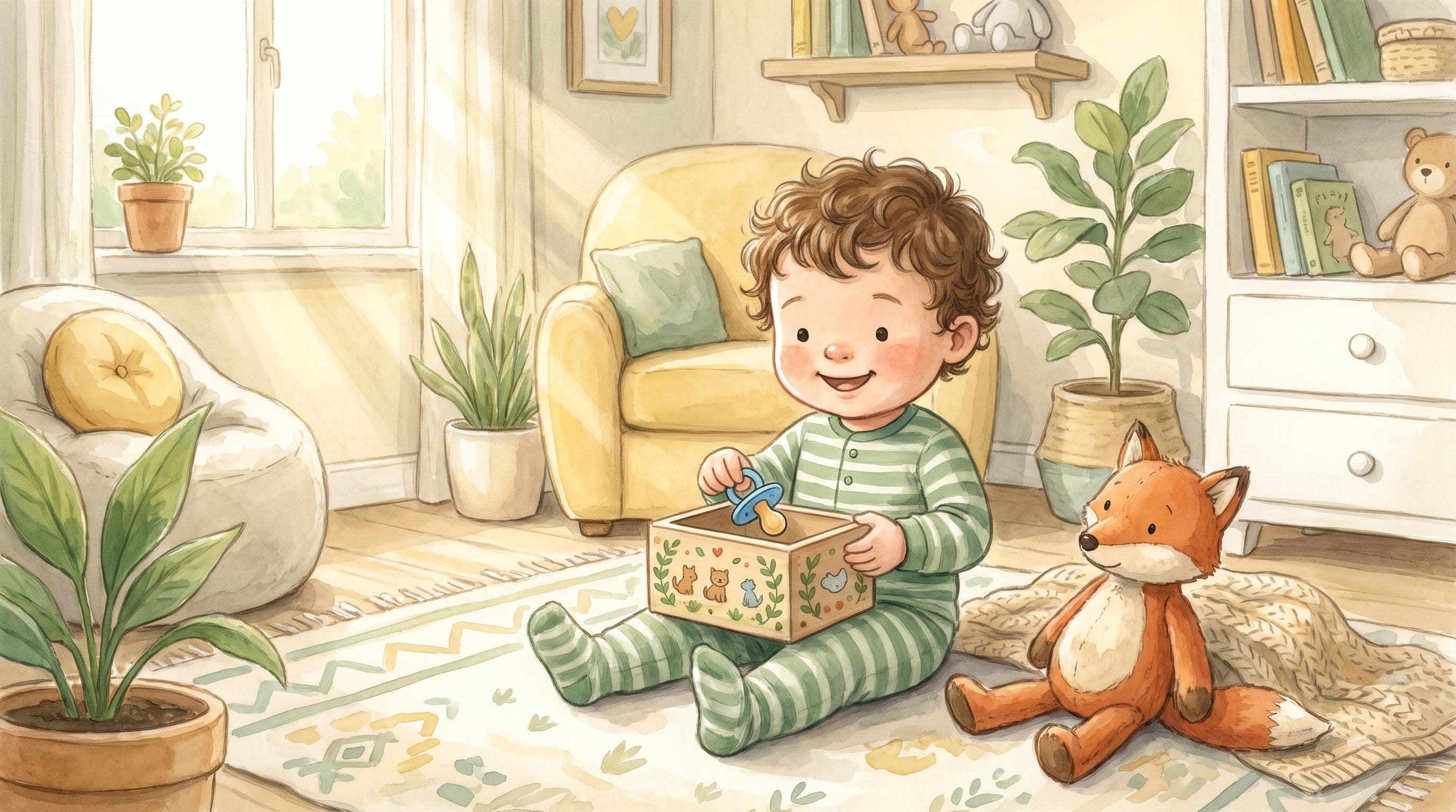 A toddler placing a pacifier into a keepsake box with a stuffed fox nearby, in a warm storybook illustration