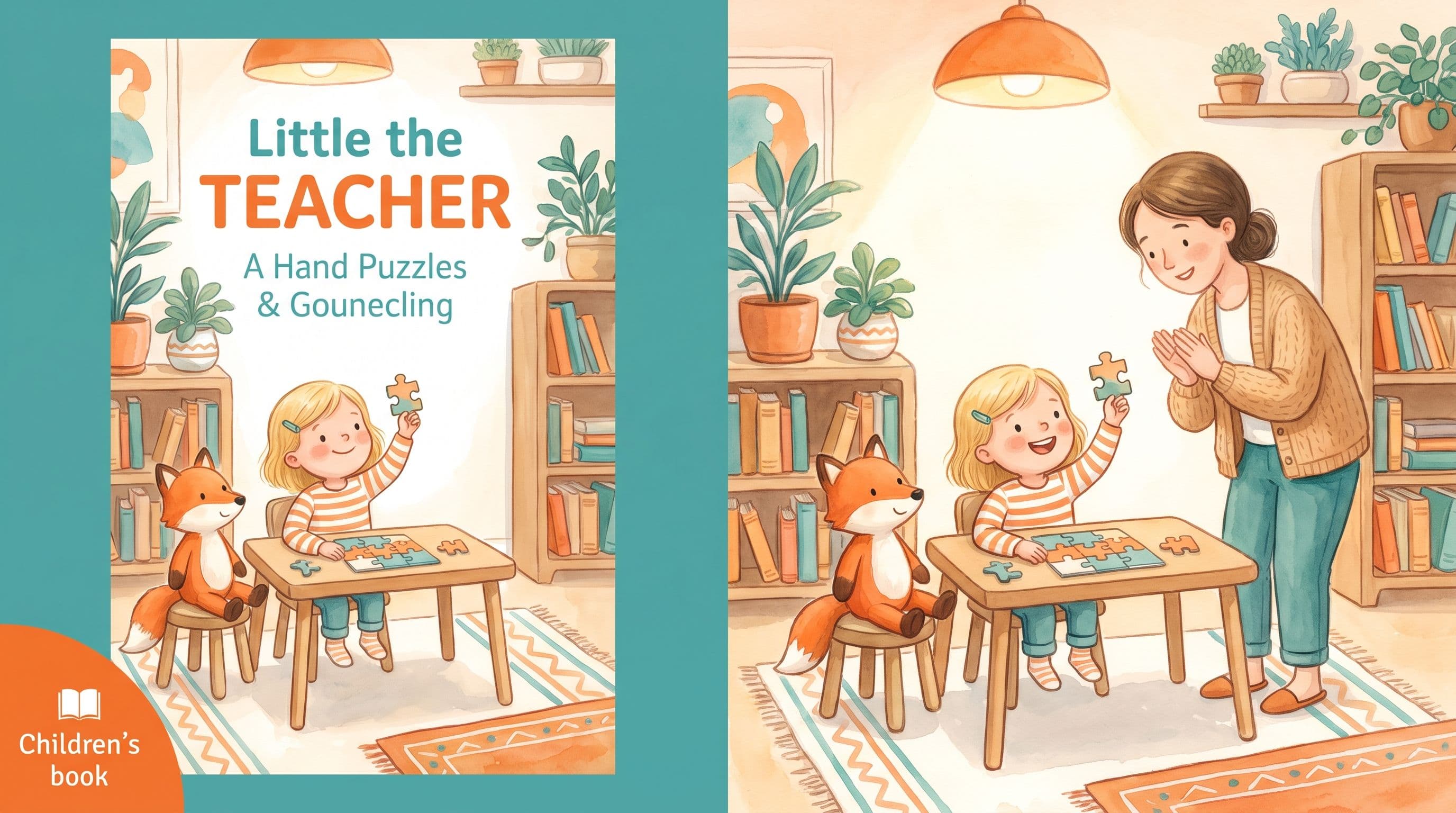 A happy girl working with a kind teacher in a cozy small learning room with a stuffed fox, in a warm storybook illustration