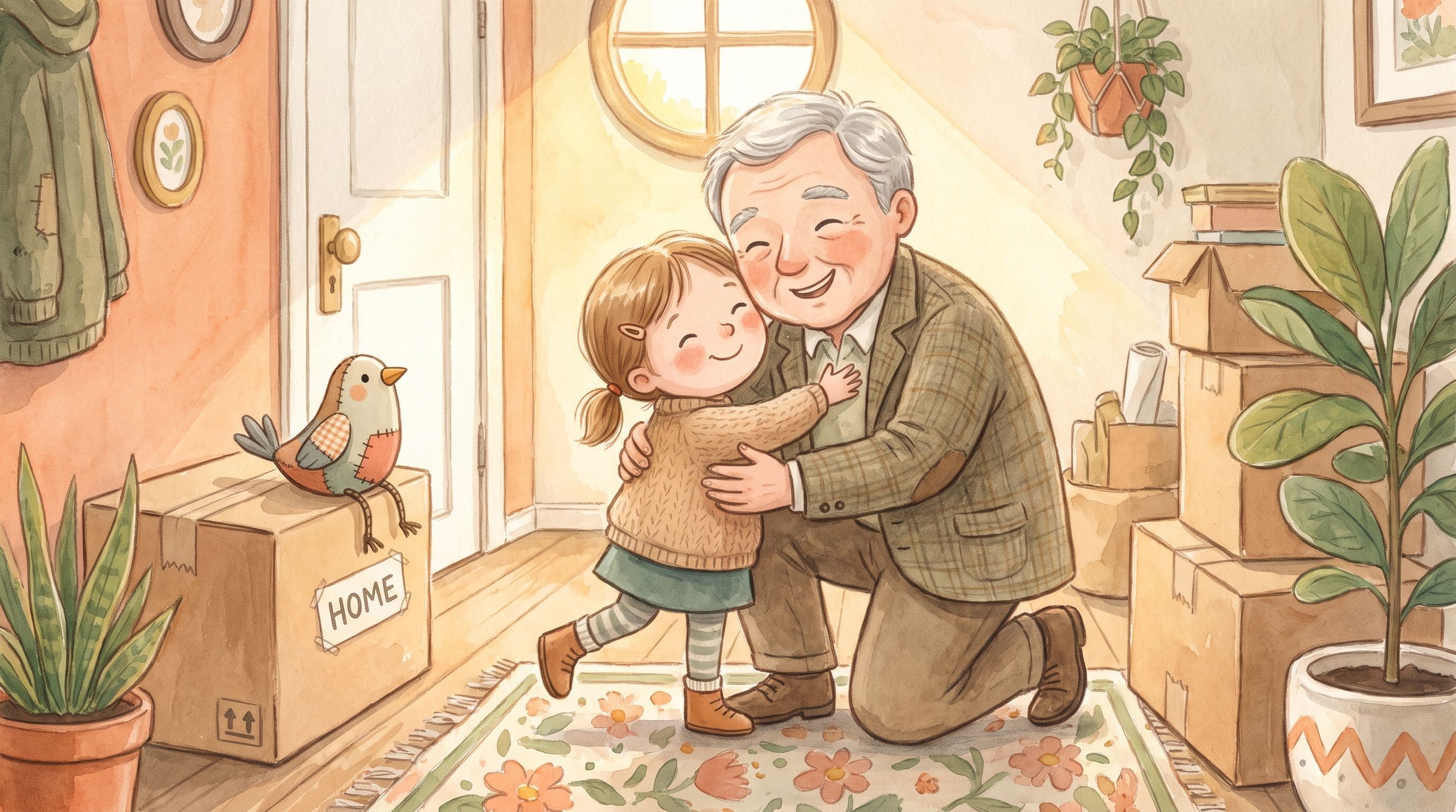 A happy girl hugging her grandparent who is moving in, beside moving boxes and a stuffed bird, in a warm storybook illustration