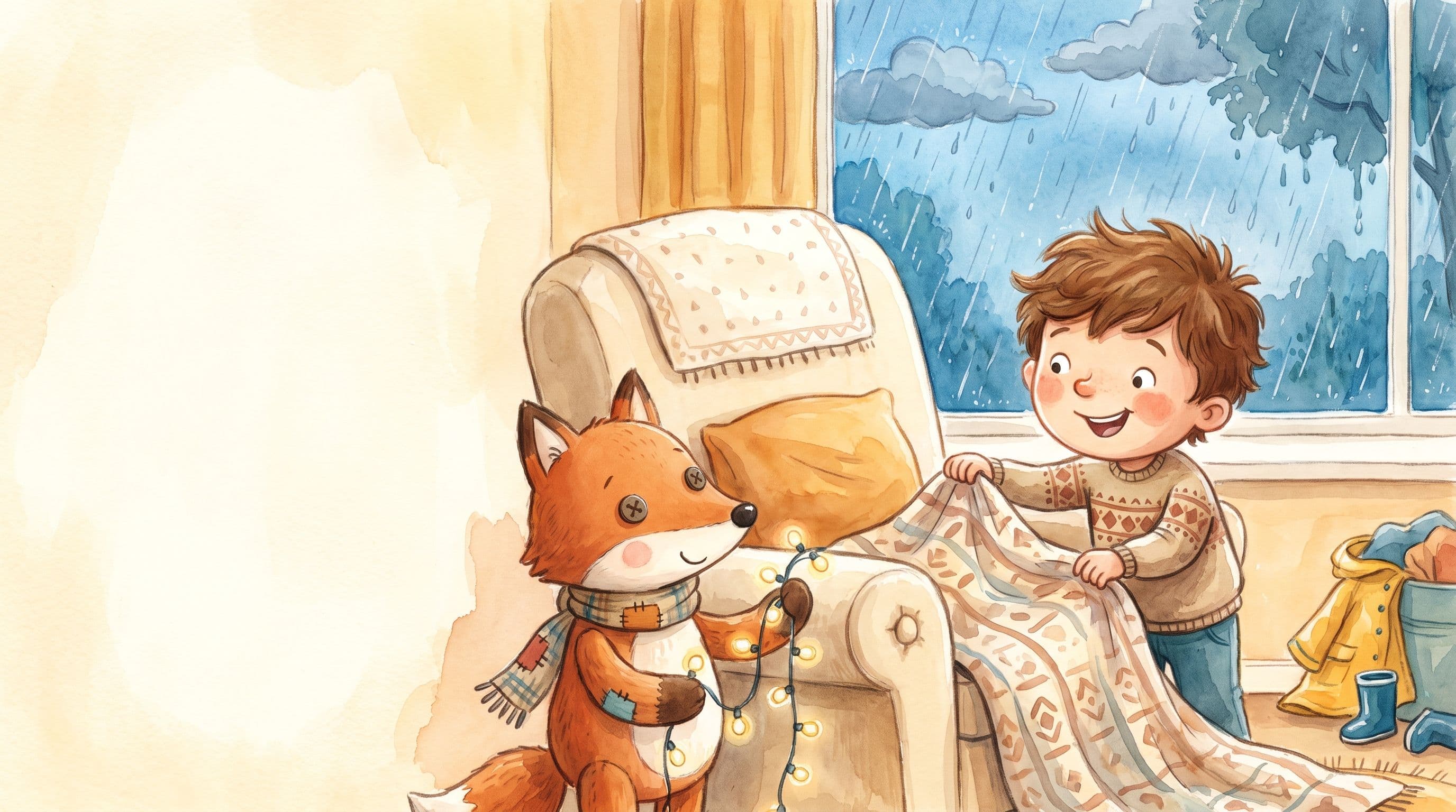 A boy building a cozy indoor pillow fort as a happy backup after a rained-out plan, with a stuffed fox, in a warm storybook illustration