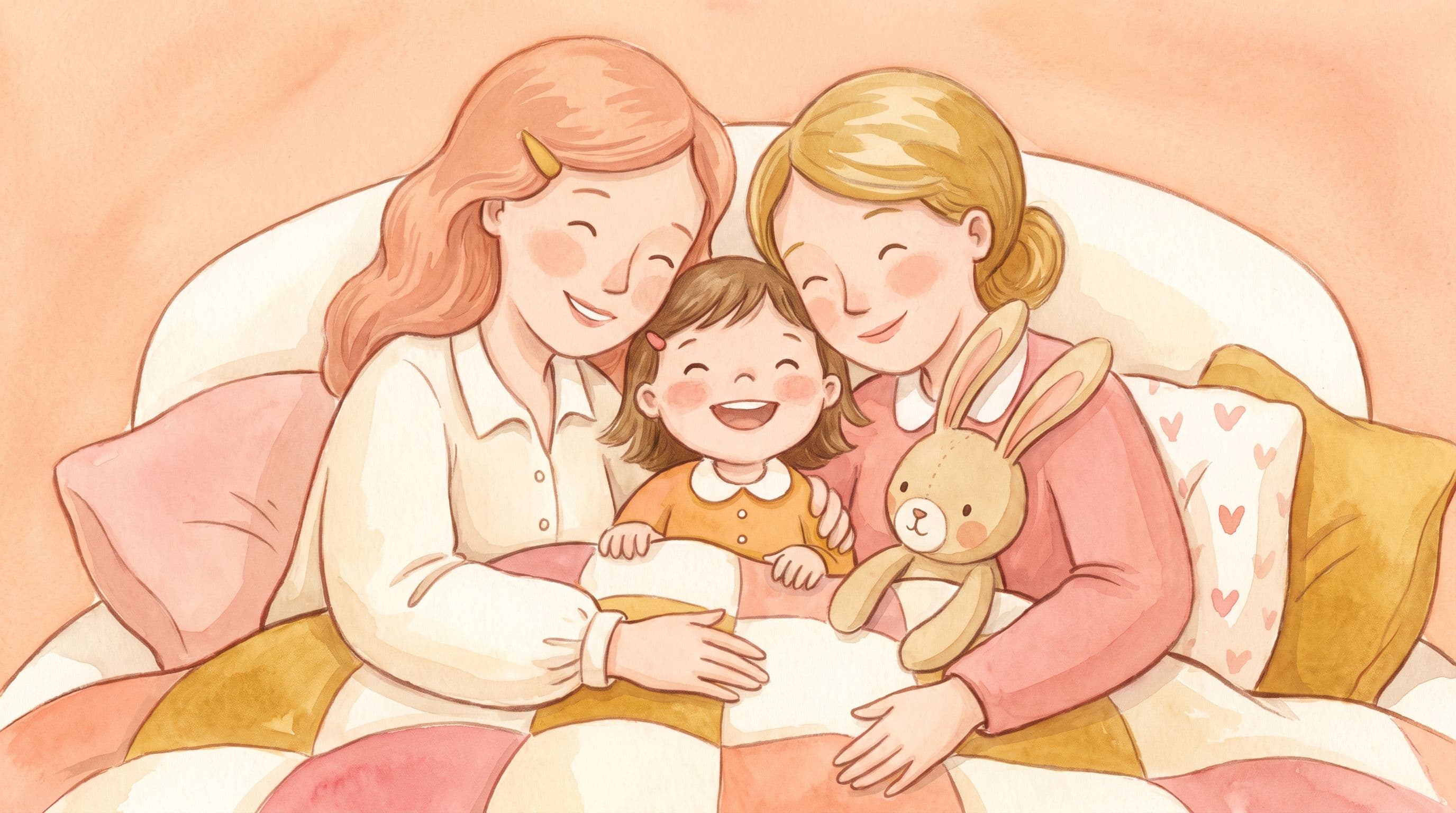 A happy girl joyfully embraced by her two loving moms in a warm family snuggle with a stuffed rabbit, in a warm storybook illustration