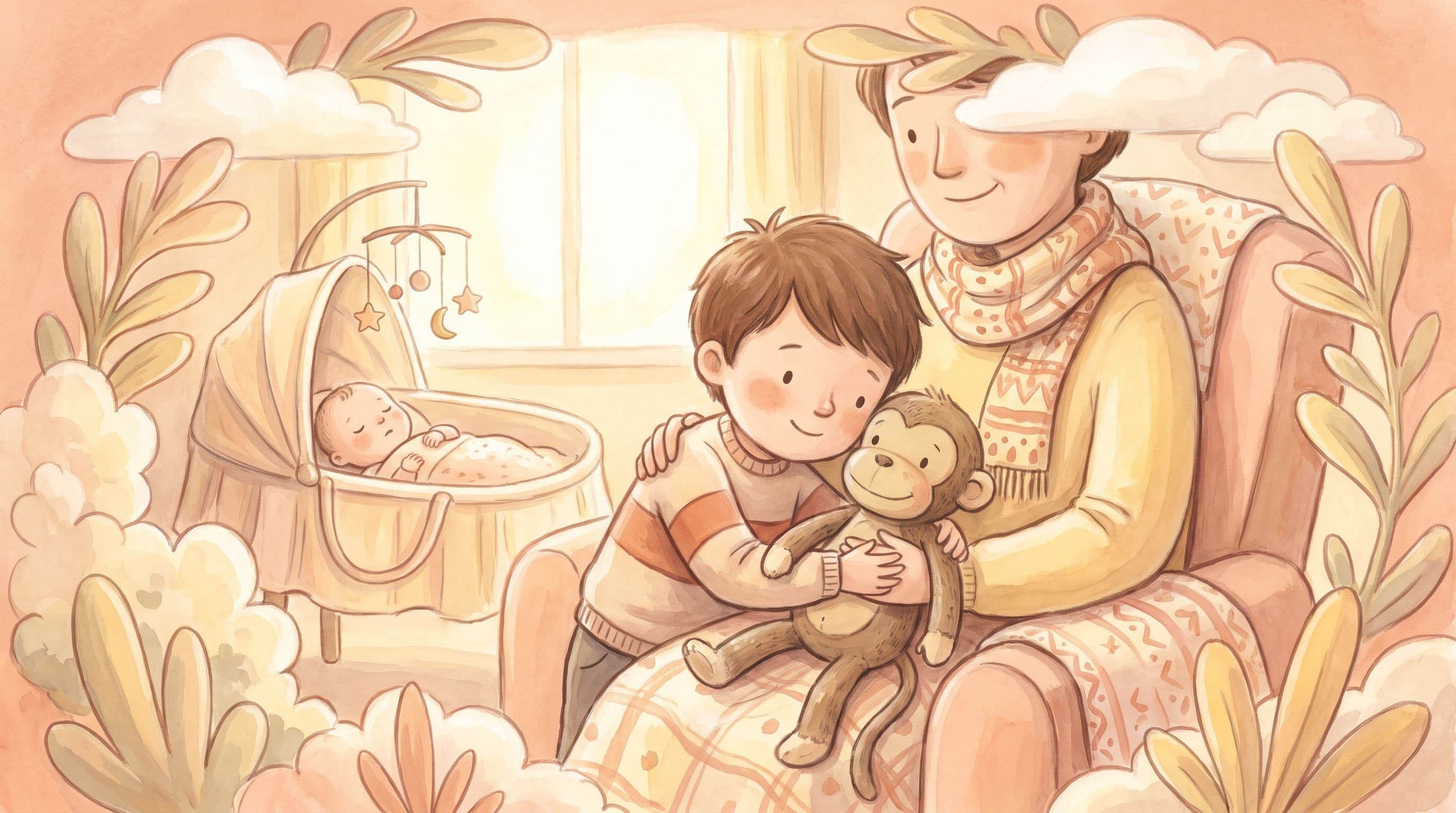 An older brother enjoying special one-on-one time with a parent while a new baby rests nearby, with a stuffed monkey, in a warm storybook illustration