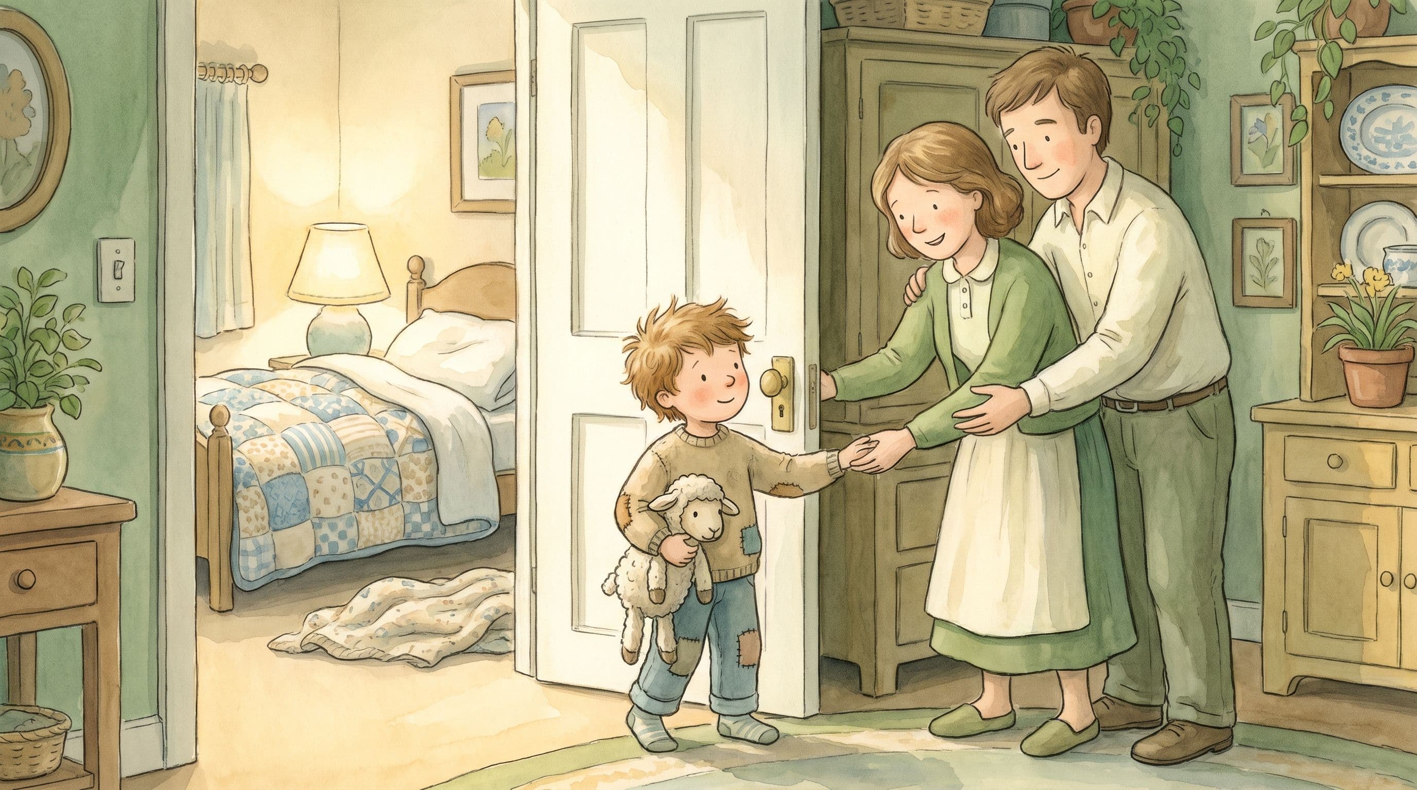 A boy being warmly welcomed into a cozy home by a caring foster family with a stuffed lamb, in a gentle storybook illustration