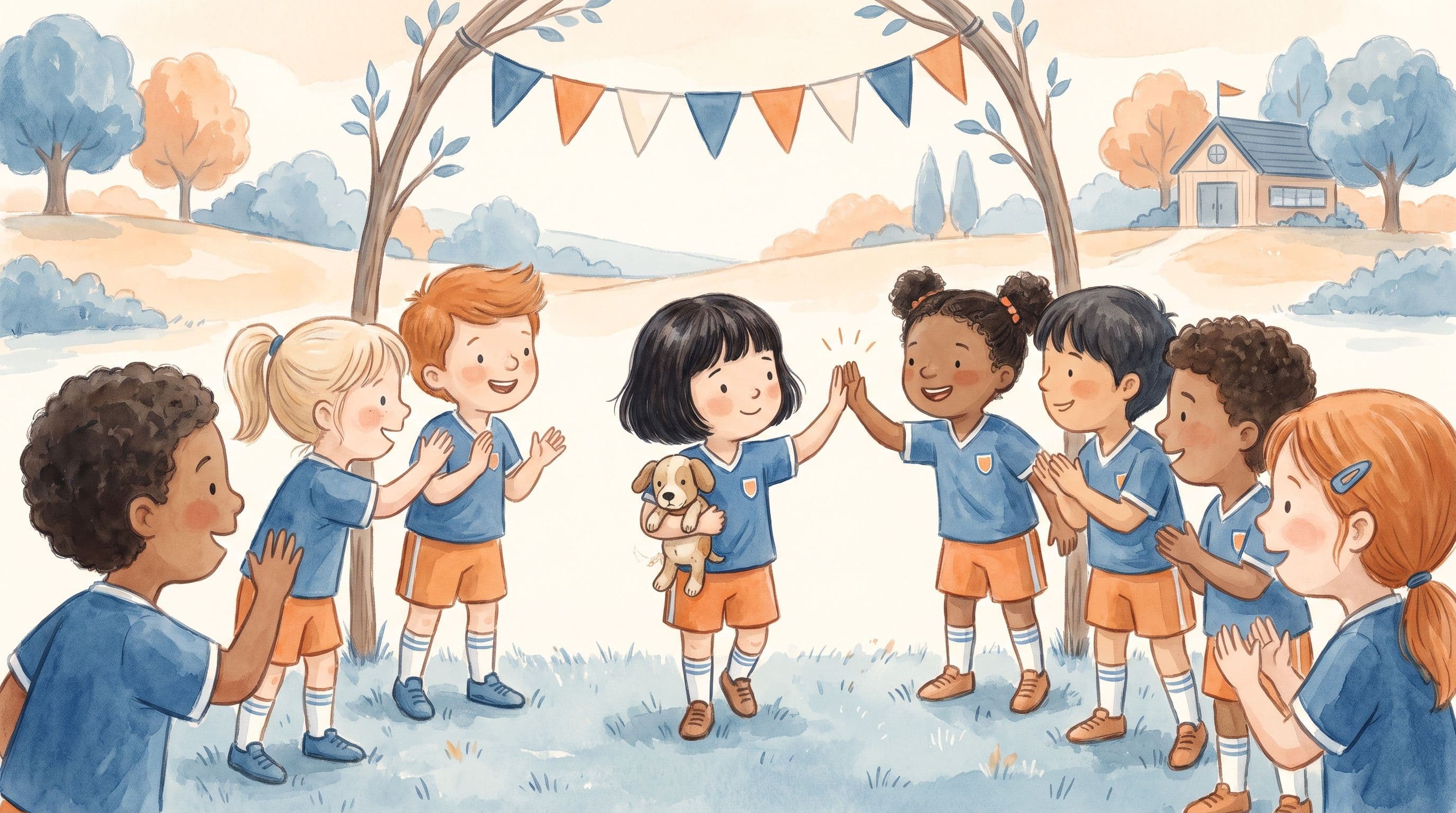 A brave girl in a sports uniform joining a new team as teammates welcome her, holding a stuffed dog, in a warm storybook illustration